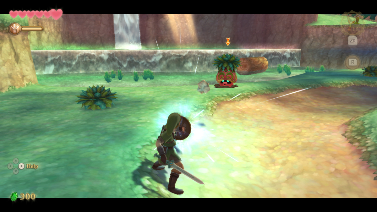 Link fighting an Octorock in 'The Legend of Zelda: Skyward Sword,' Kikwi live nearby