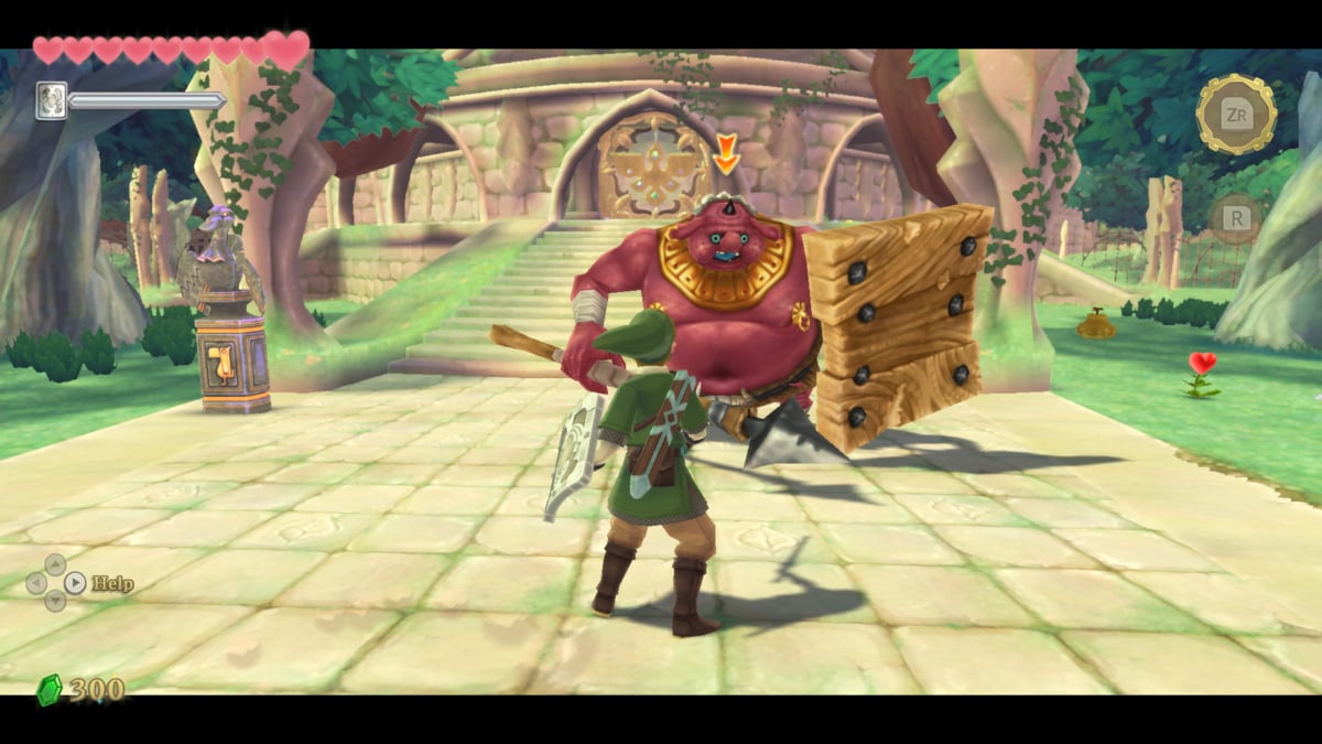 Link fights a Shield Moblin in 'The Legend of Zelda: Skyward Sword' in front of the Skyveiw Temple