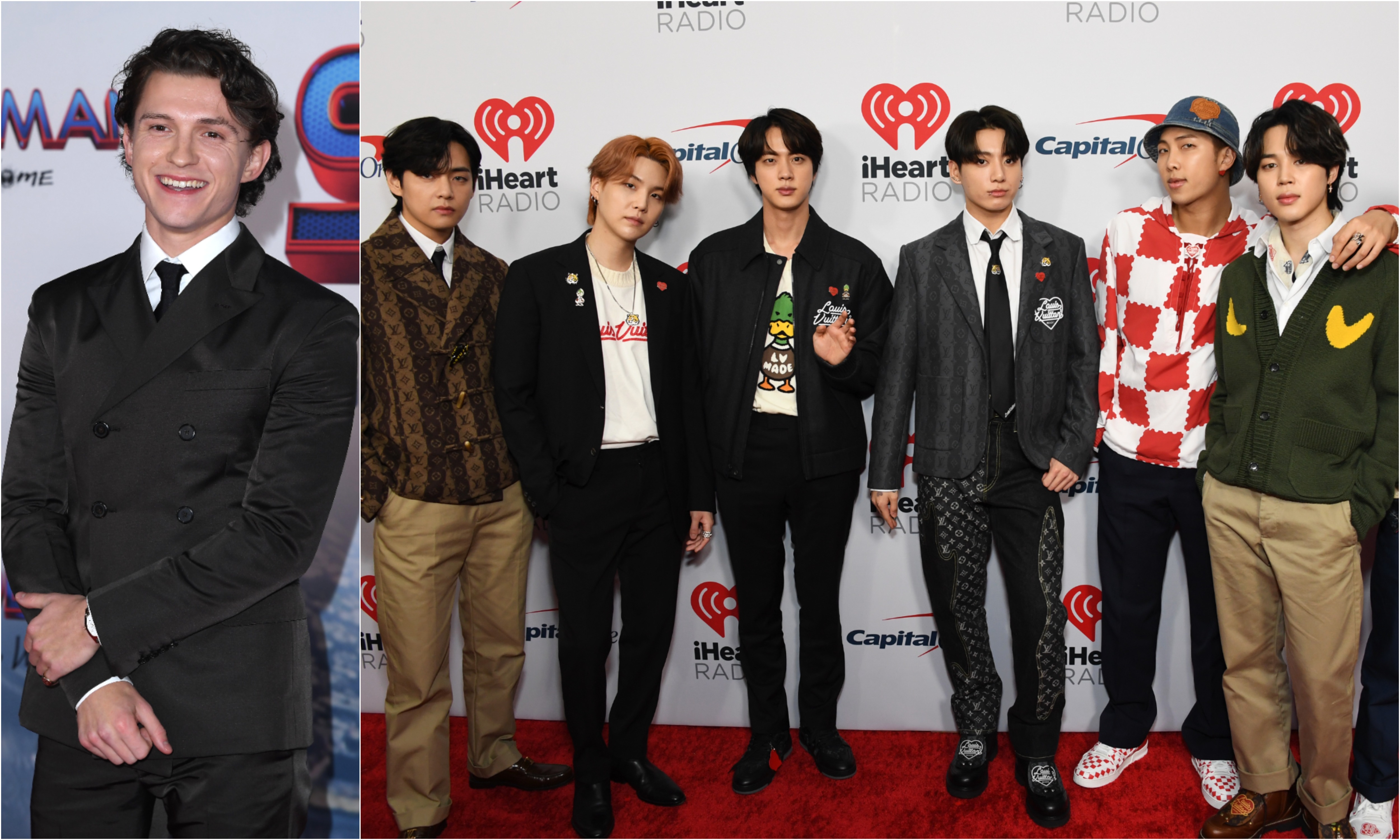 A joined photo of Tom Holland and V, Suga, Jin, Jungkook, RM, Jimin, and J-Hope of BTS