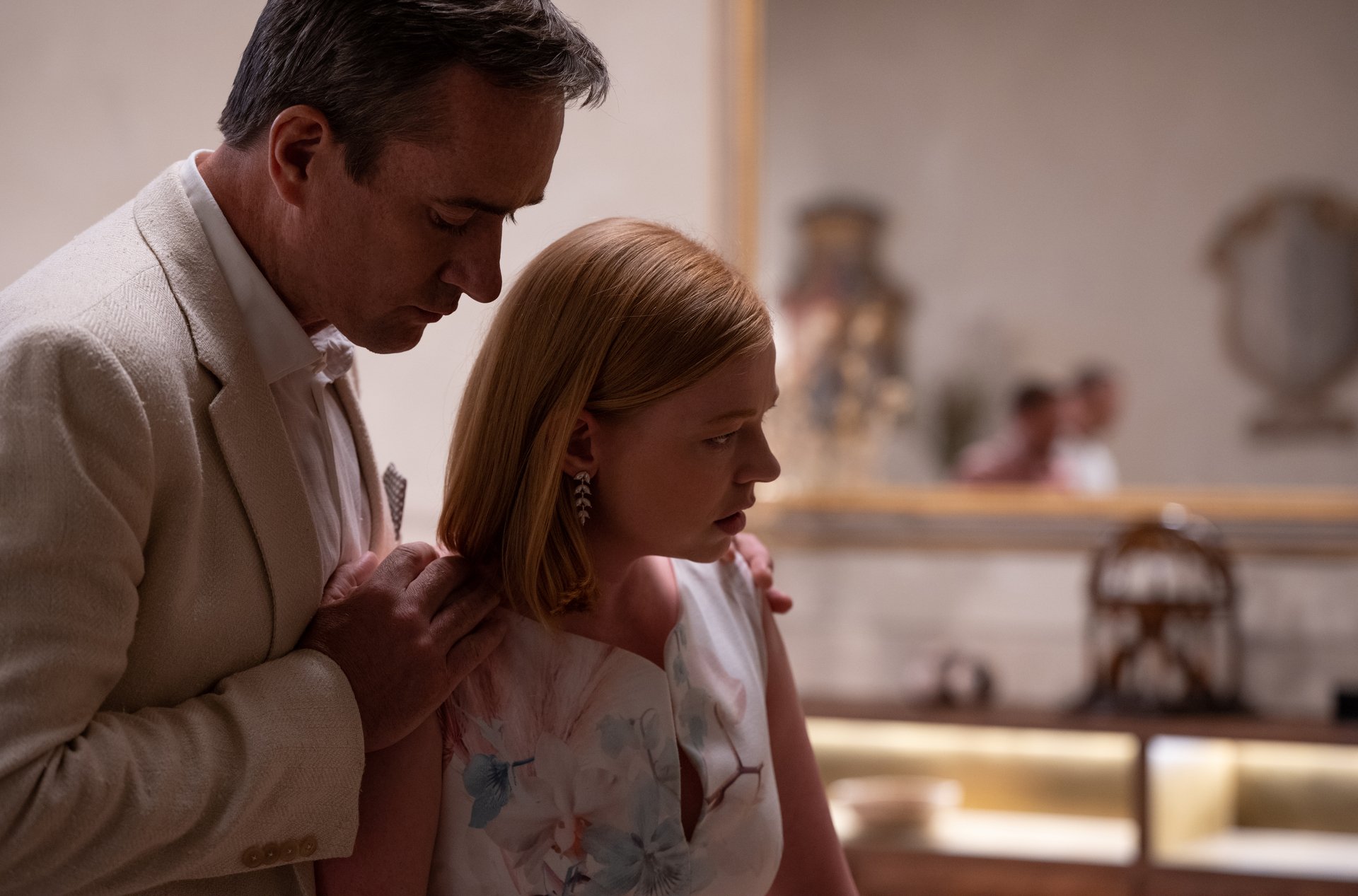 Matthew Macfadyen as Tom and Sarah Snook as Shiv in the 'Succession' Season 3 finale. He's holding her shoulders, and she looks upset.