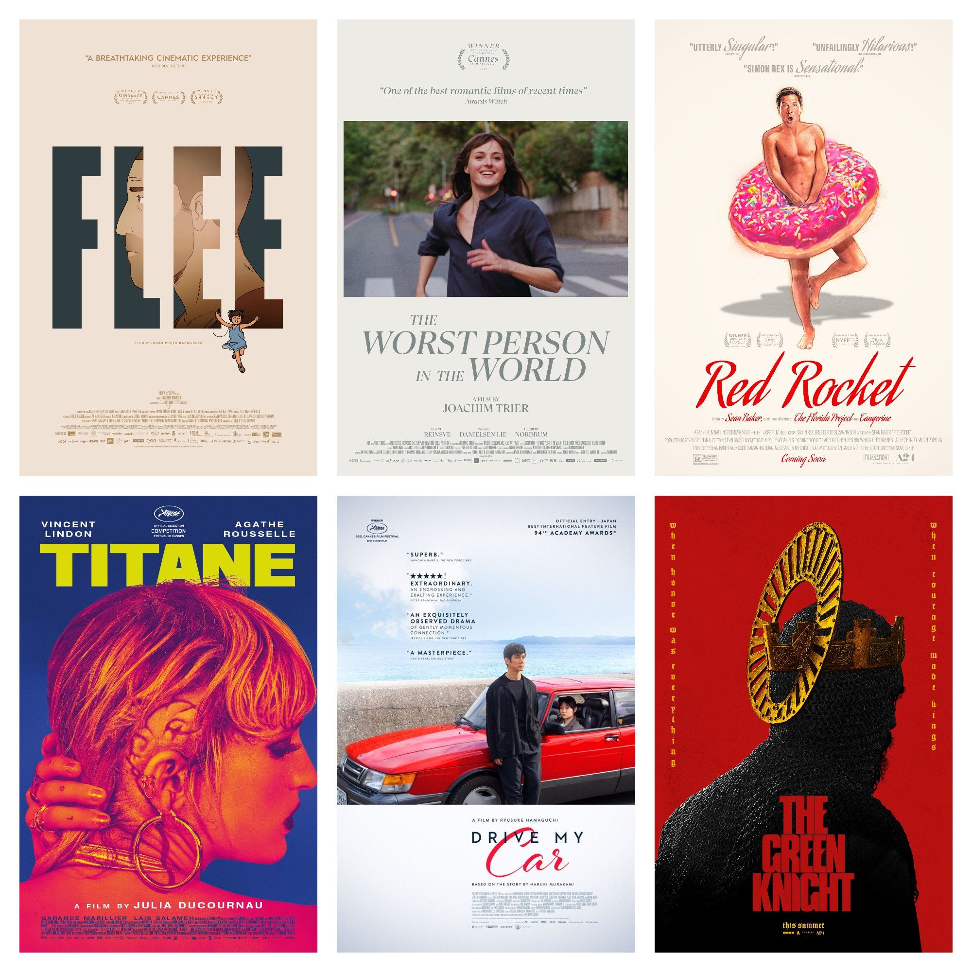 Top Films of 2021 'Flee,' 'The Worst Person in the World,' 'Red Rocket,' 'Titane,' 'Drive My Car,' 'The Green Knight' in collage