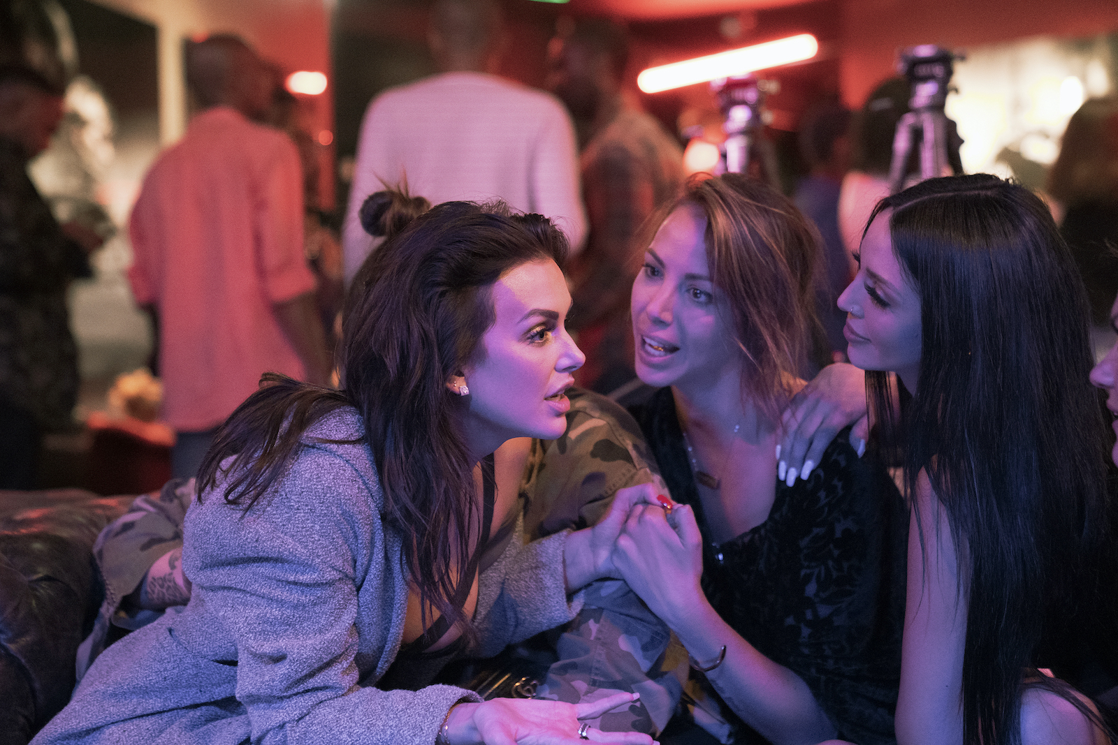 Lala Kent, Kristen Doute, and Scheana Shay from Vanderpump Rules have a discussion at a party