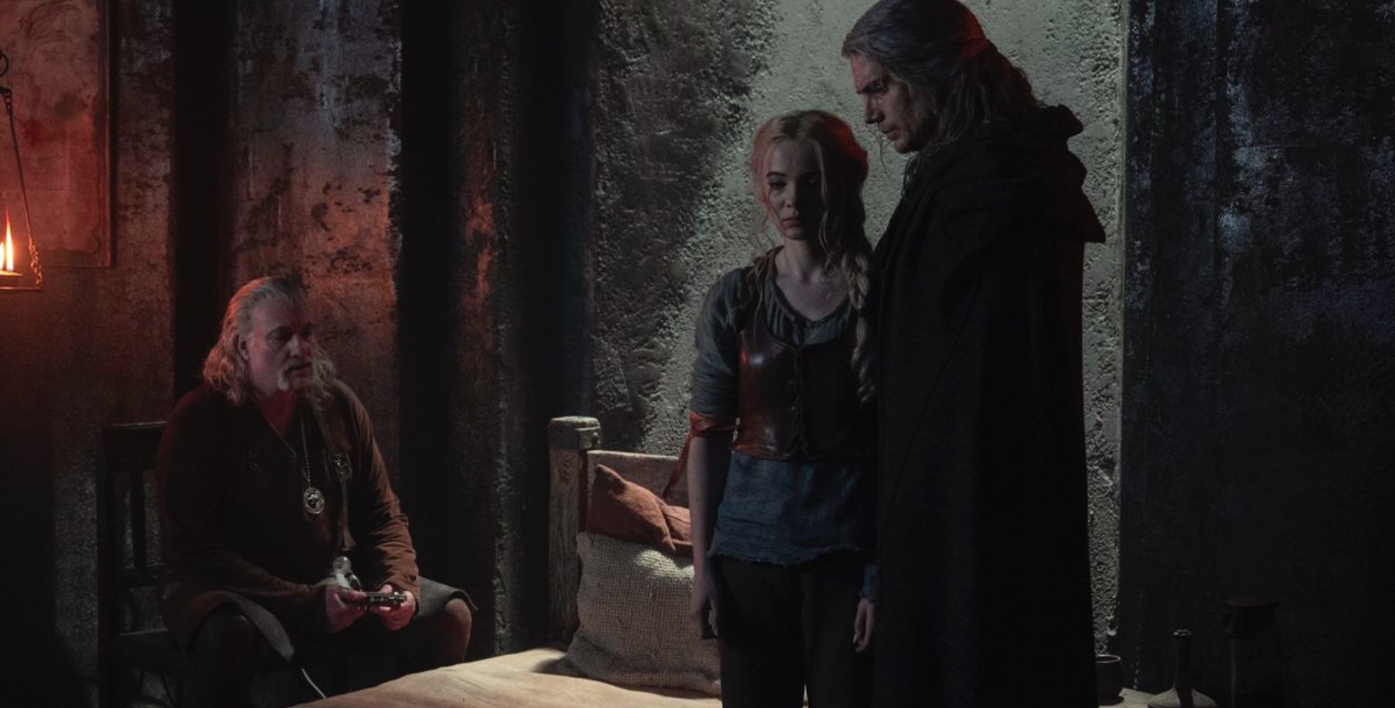 Vesemir, Ciri and Geralt at Kaer Morhen in 'The Witcher' Season 2 in bedroom.