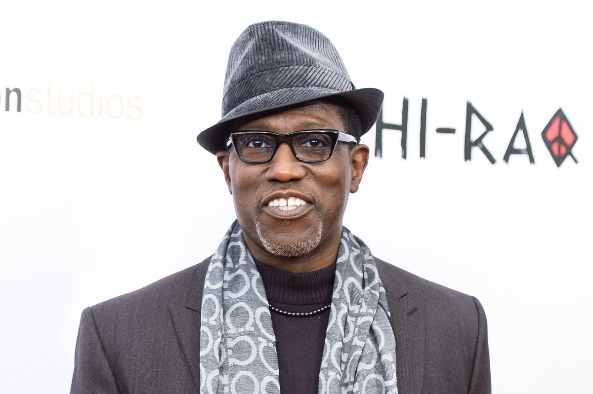 Wesley Snipes smiling while wearing a hat, a scarf and some shades.