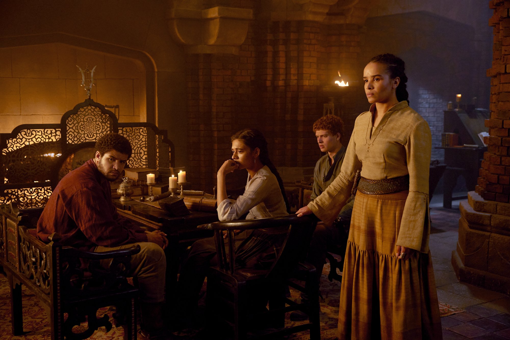 L-R: Marcus Rutherford (Perrin Aybara), Madeleine Madden (Egwene al’Vere), Josha Stradowski (Rand al’Thor), Zoë Robins (Nynaeve al’Meara) in 'The Wheel of Time' Episode 7.