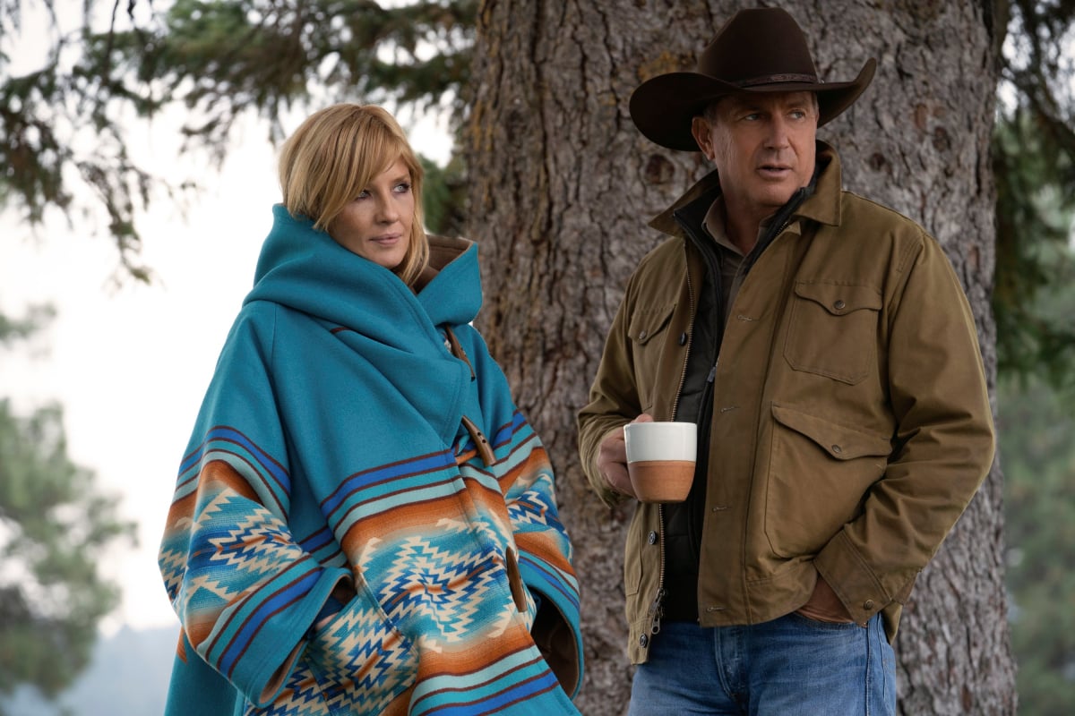 Yellowstone stars Kelly Reilly (Beth Dutton) and Kevin Costner (John Dutton) in an image from the show