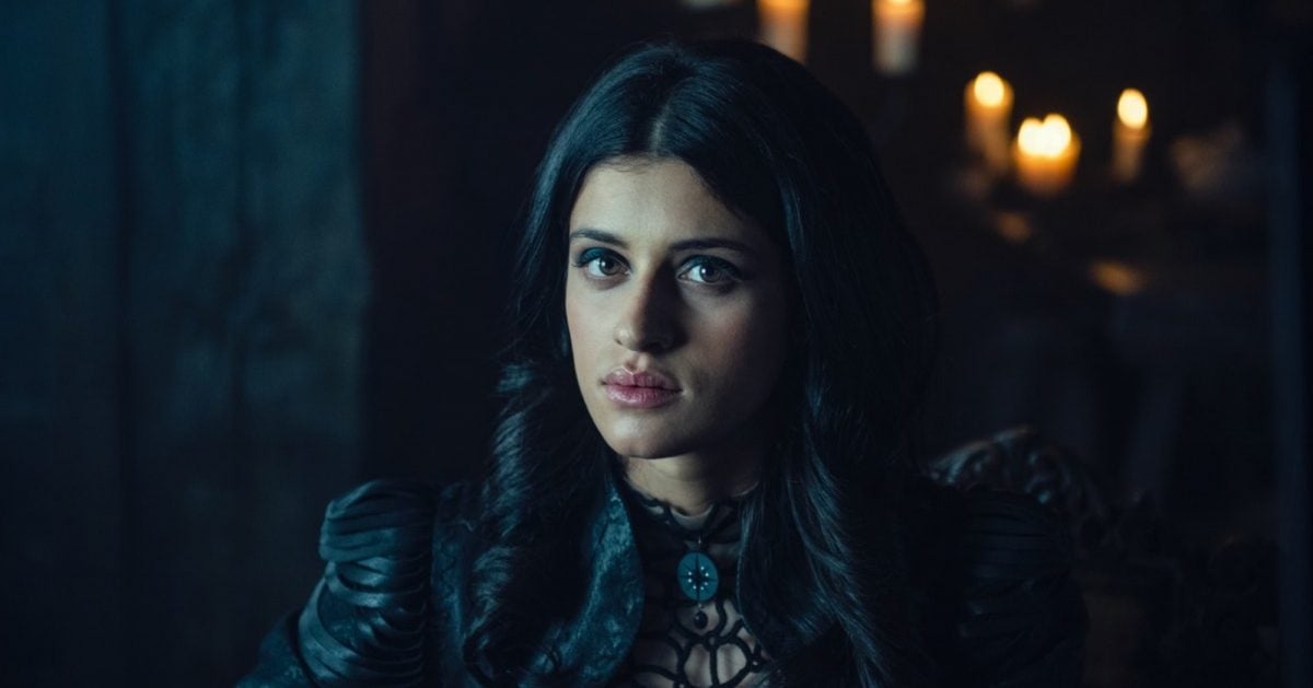 Yennefer of Vengerberg from 'The Witcher' Netflix series wearing a black gown.