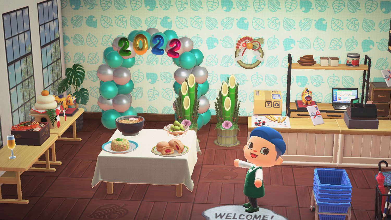 A villager in Animal Crossing: New Horizons poses with New Year's items