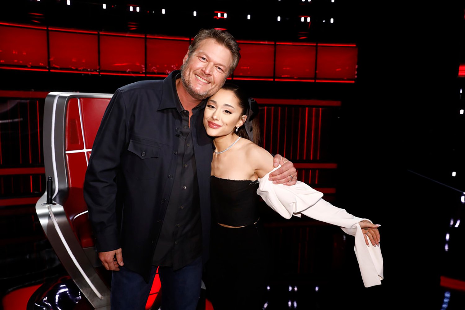 Blake Shelton and Ariana Grande during The Voice Season 21 semi-finals.