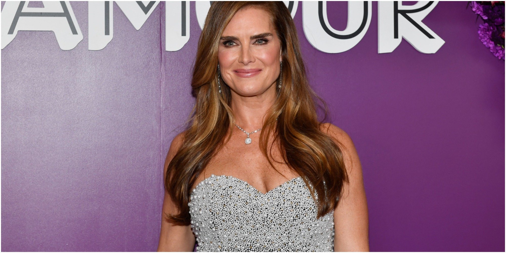 Brooke Shields wears a sliver dress on the red carpet.