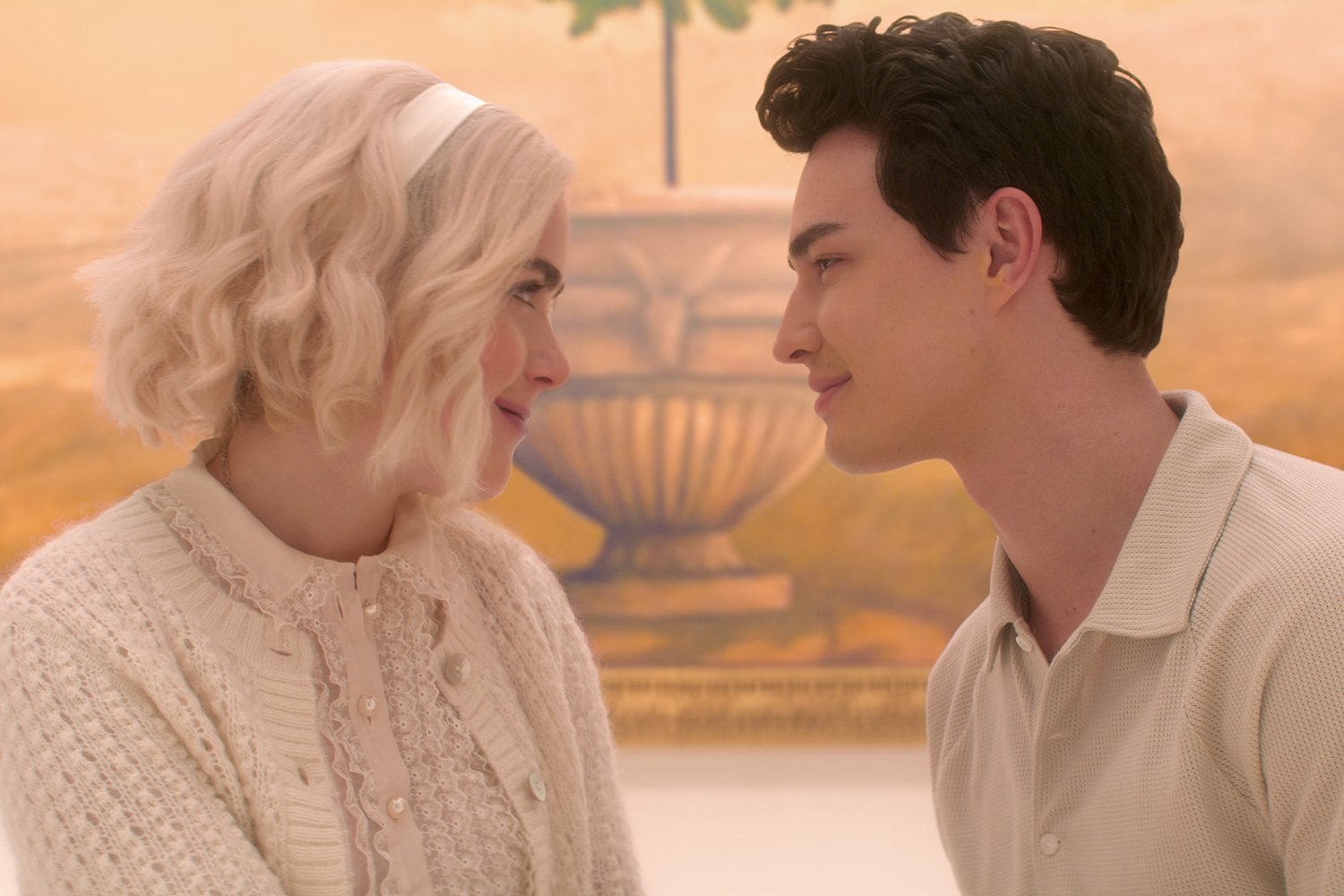 Kiernan Shipka as Sabrina and Gavin Leatherwood as Nick in Chilling Adventures of Sabrina before the Riverdale crossover