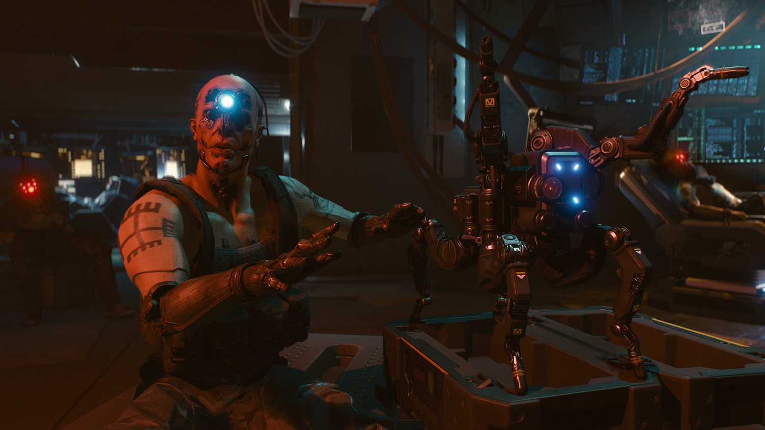 A Cyberpunk 2077 character looks at the camera with a light on his forehead.