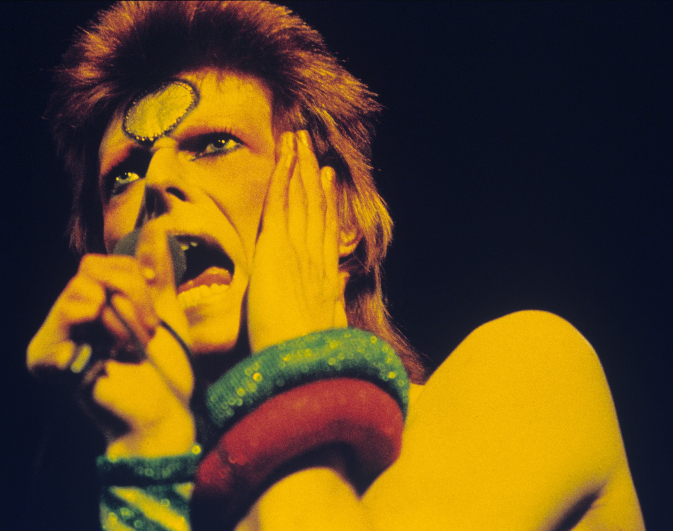 David Bowie as Ziggy Stardust holding a microphone