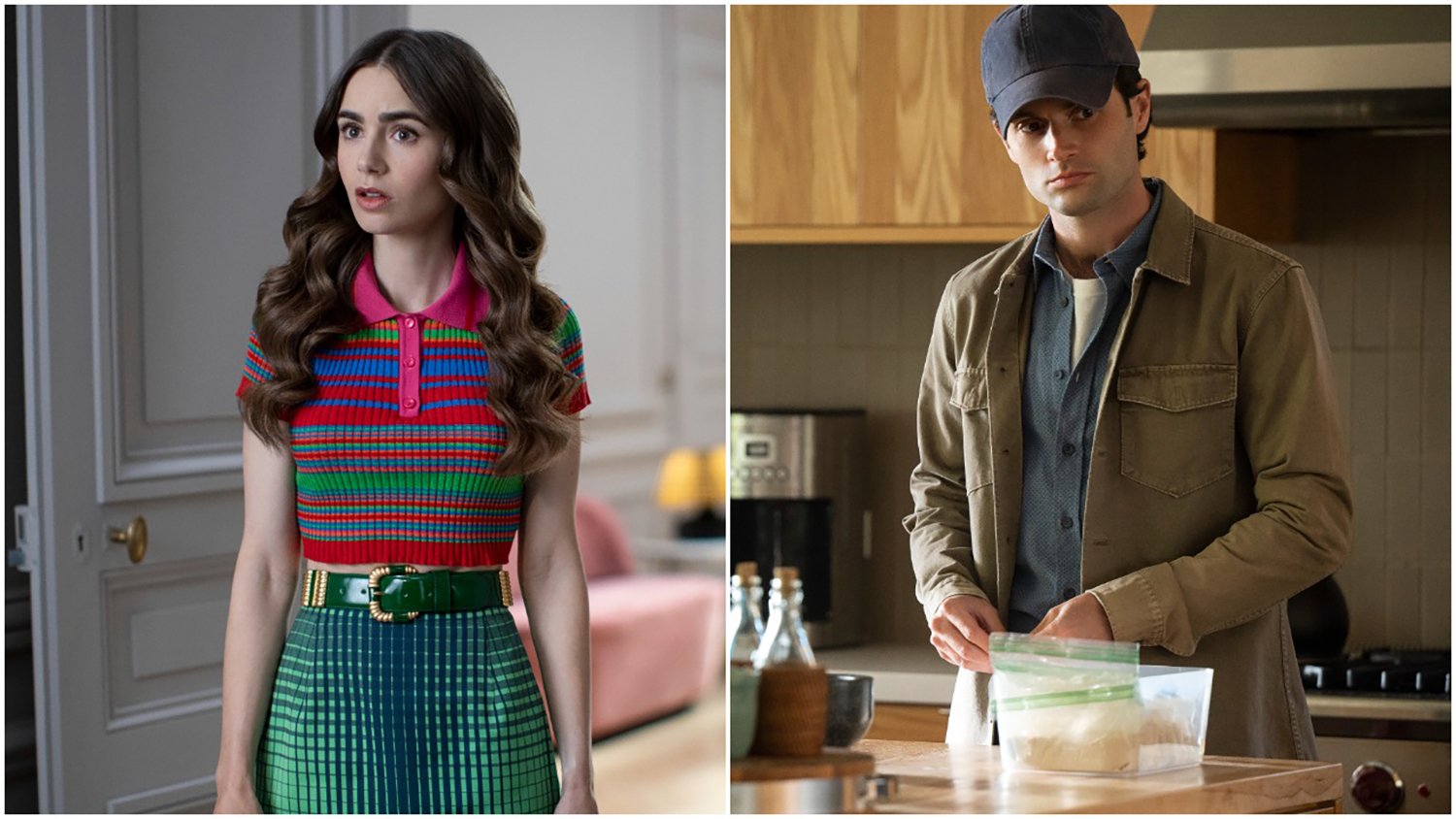 L: Lily Collins as Emily Cooper in Emily in Paris R: Penn Badgley as Joe Goldberg in You