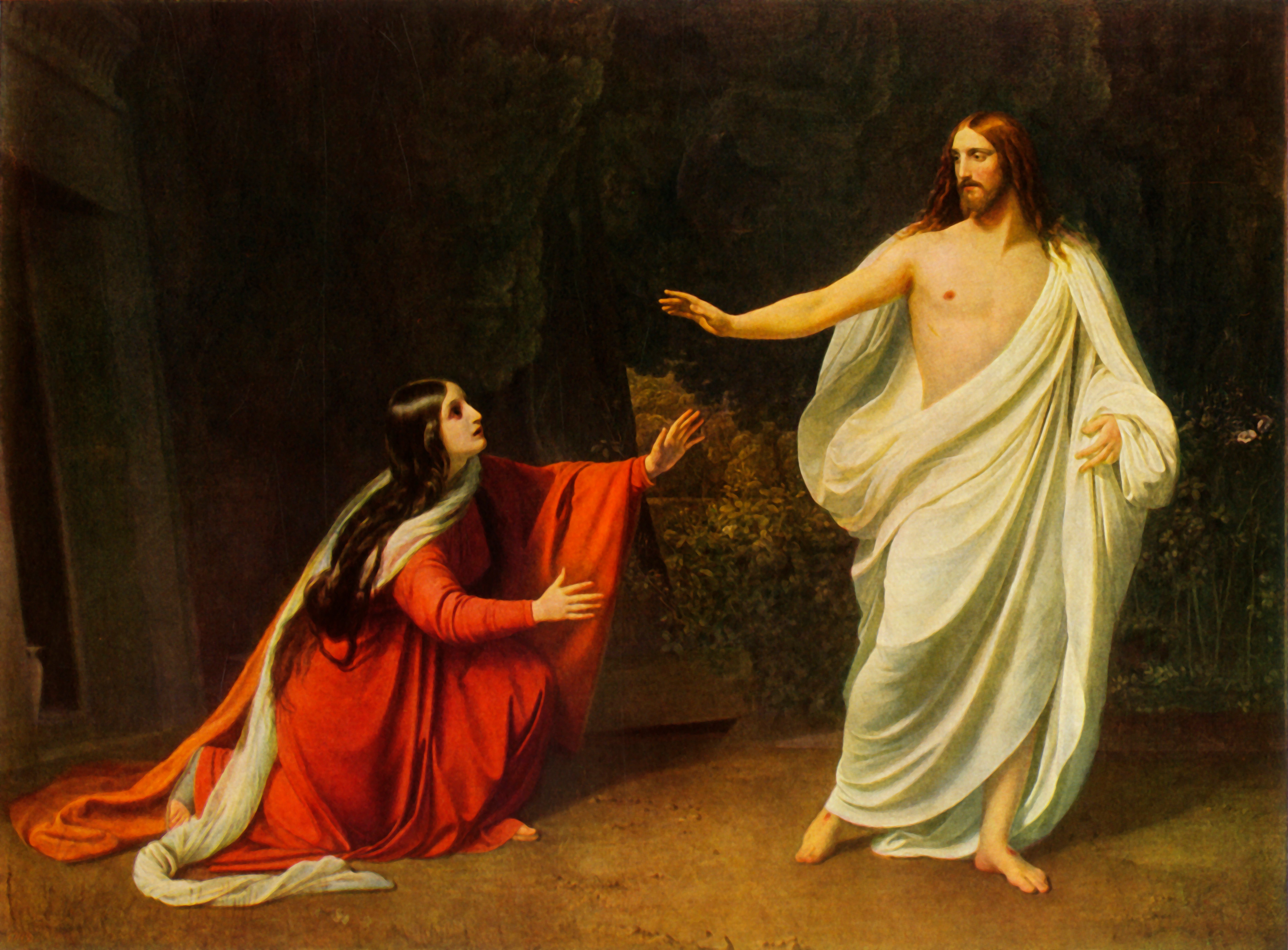 Mary Magdalene reaching out to Jesus Christ