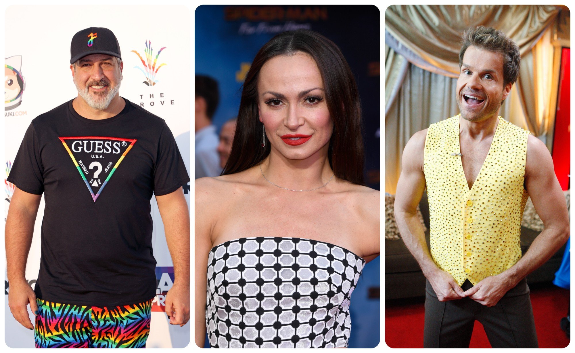 Joey Fatone, Karina Smirnoff and Louis Van Amstel pose in separate photographs.