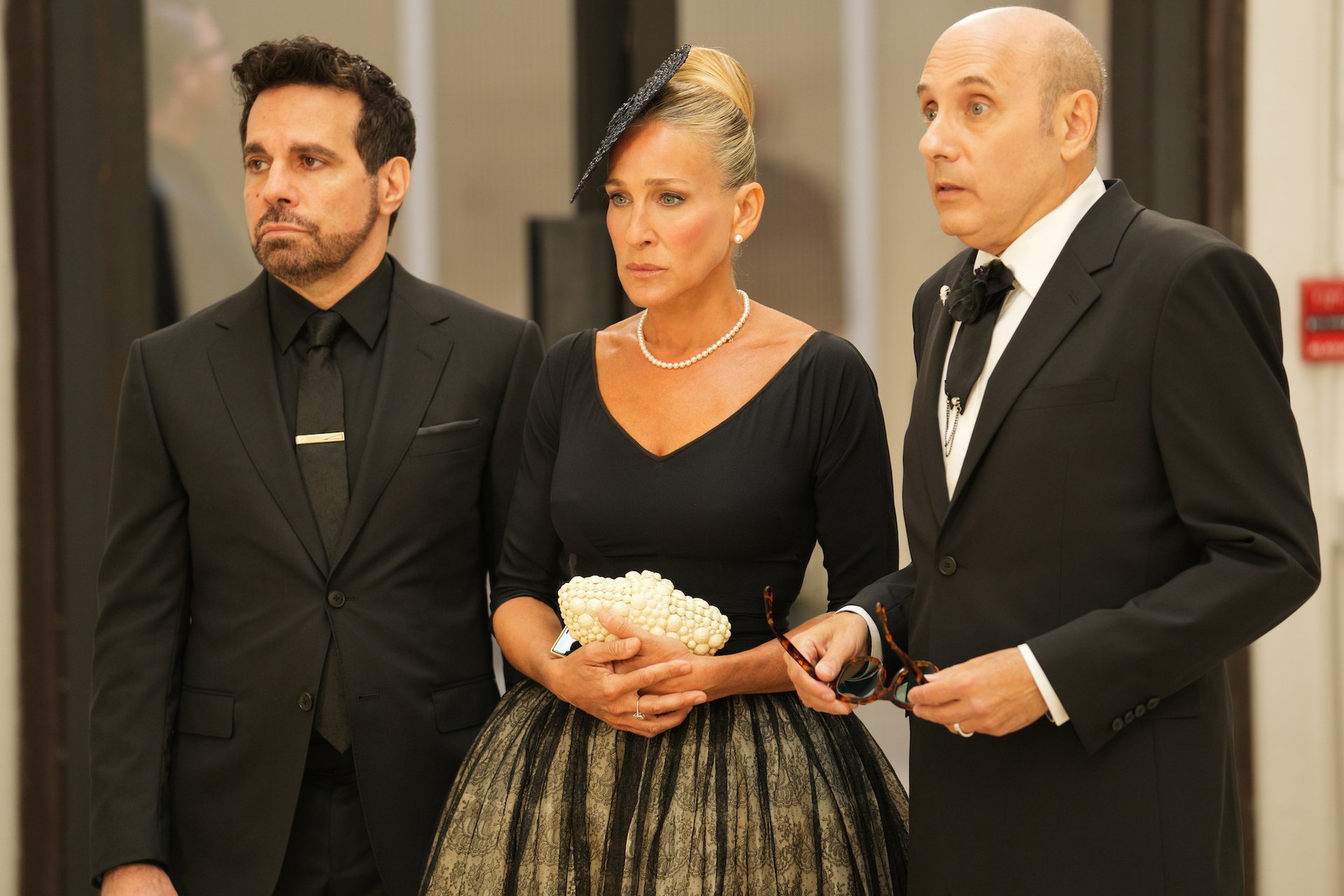 Mario Cantone as Anthony Marantino, Sarah Jessica Parker as Carrie Bradshaw, and Willie Garsaon as Stanford Blatch are seen in an episode of 'And Just Like That...'