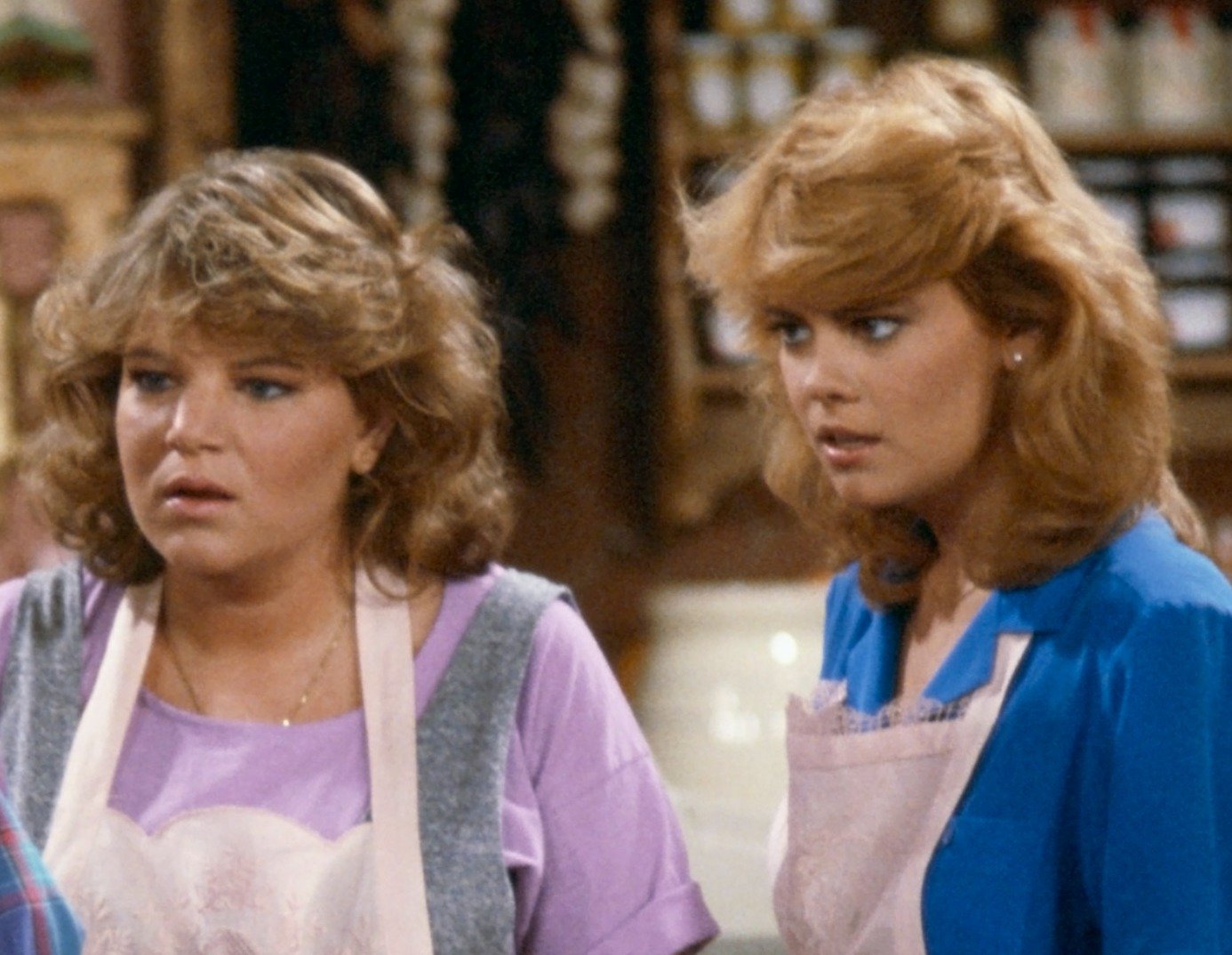 Mindy Cohn and Lisa Welchel on the set of the series The Facts of Life.