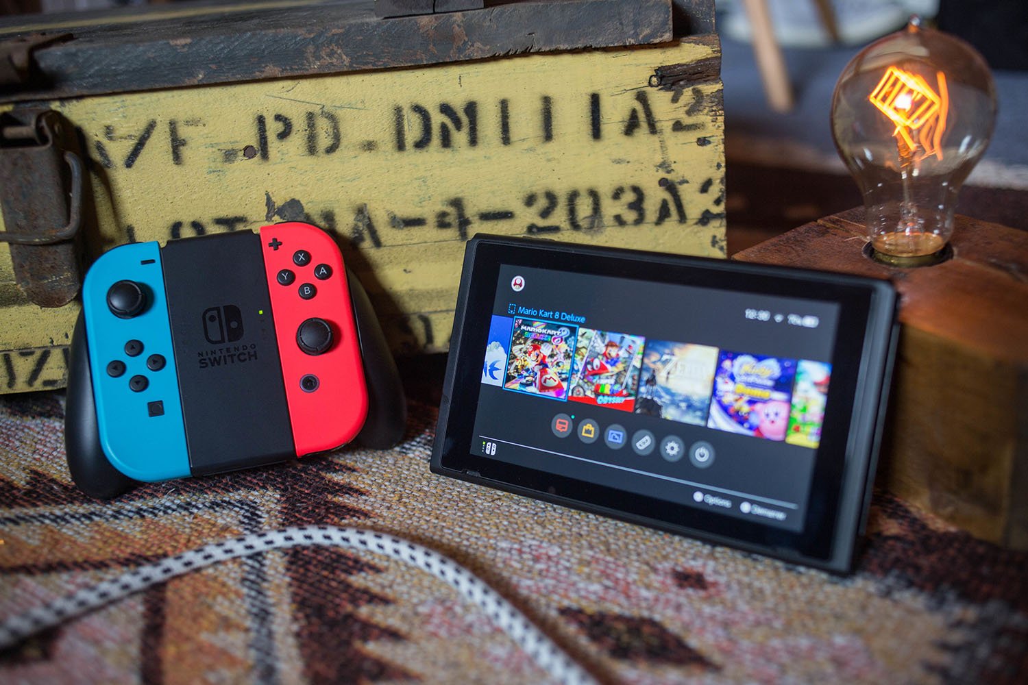 A cozy photo of a turned on Nintendo Switch with two Joy-Con