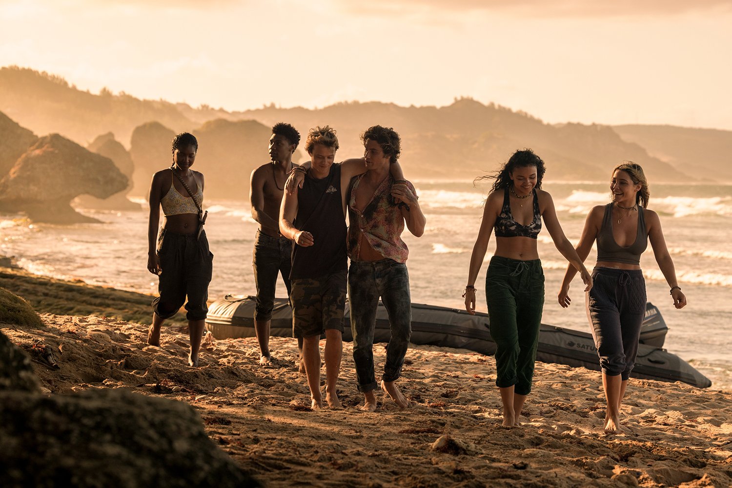 Carlacia Grant as Cleo, Jonathan Daviss as Pope, Rudy Pankow as JJ, Chase Stokes as John B, Madison Bailey as Kiara, and Madelyn Cline as Sarah Cameron in Outer Banks Season 2