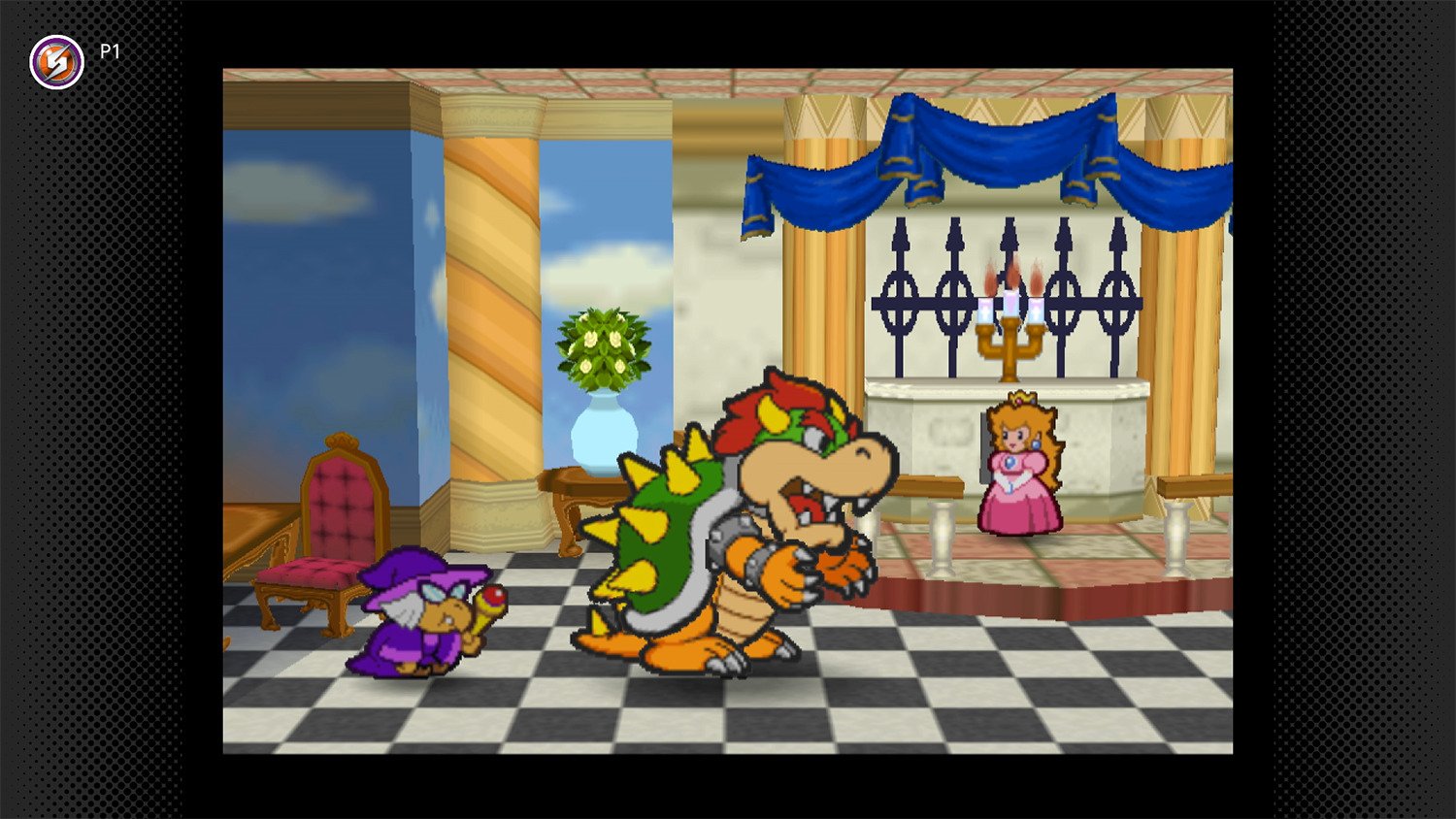 Kamek, Bowser, and Princess Peach in Paper Mario Nintendo 64, now available via Switch Online