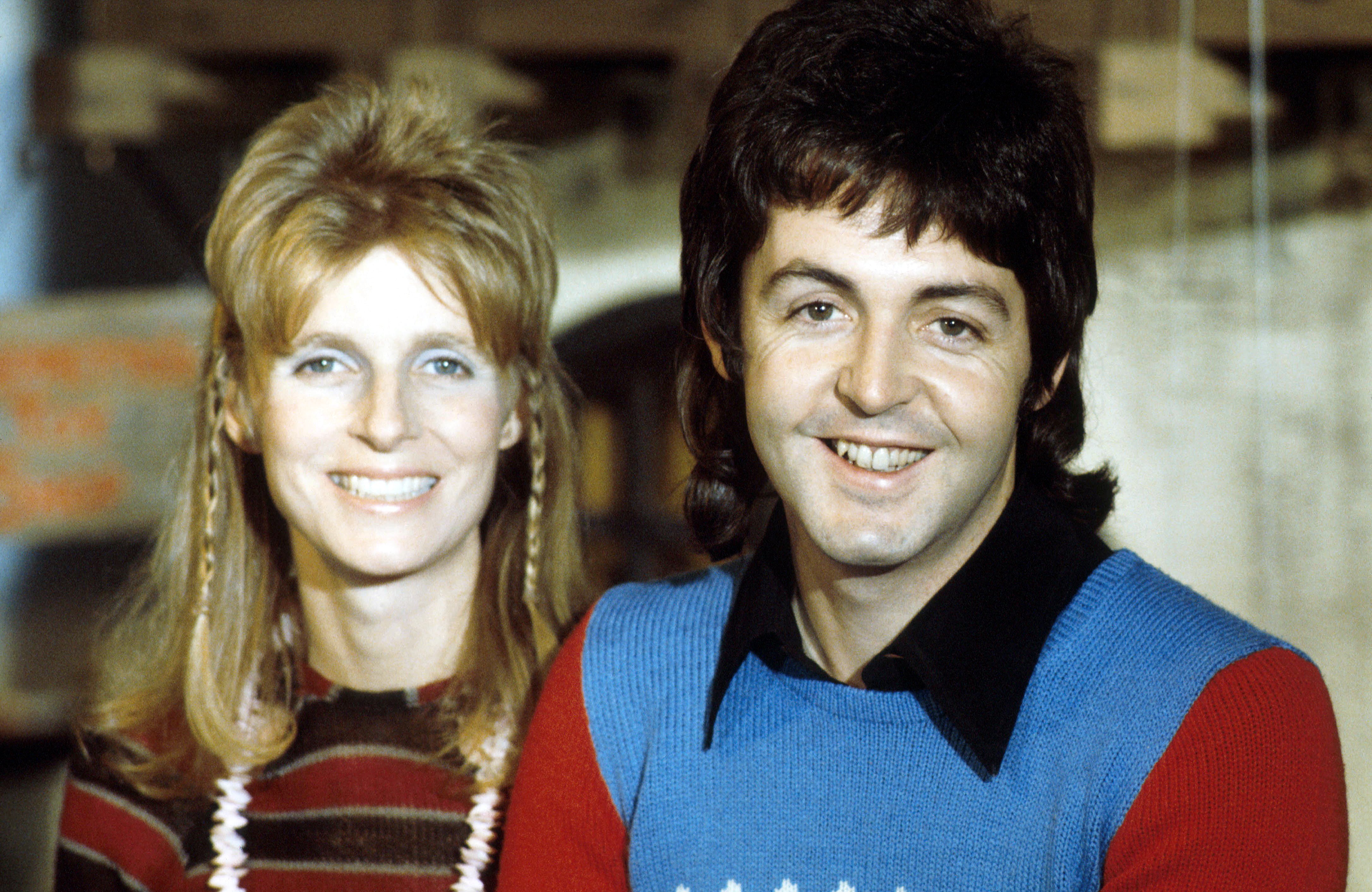 Linda McCartney and Paul McCartney of Wings smiling