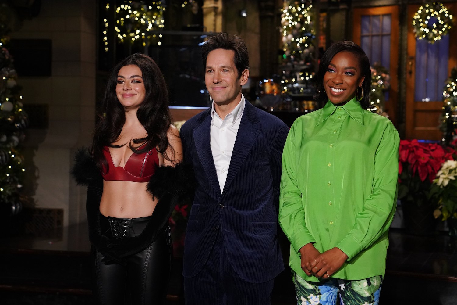 Musical guest Charli XCX, host Paul Rudd, and Ego Nwodim promoting 'SNL'