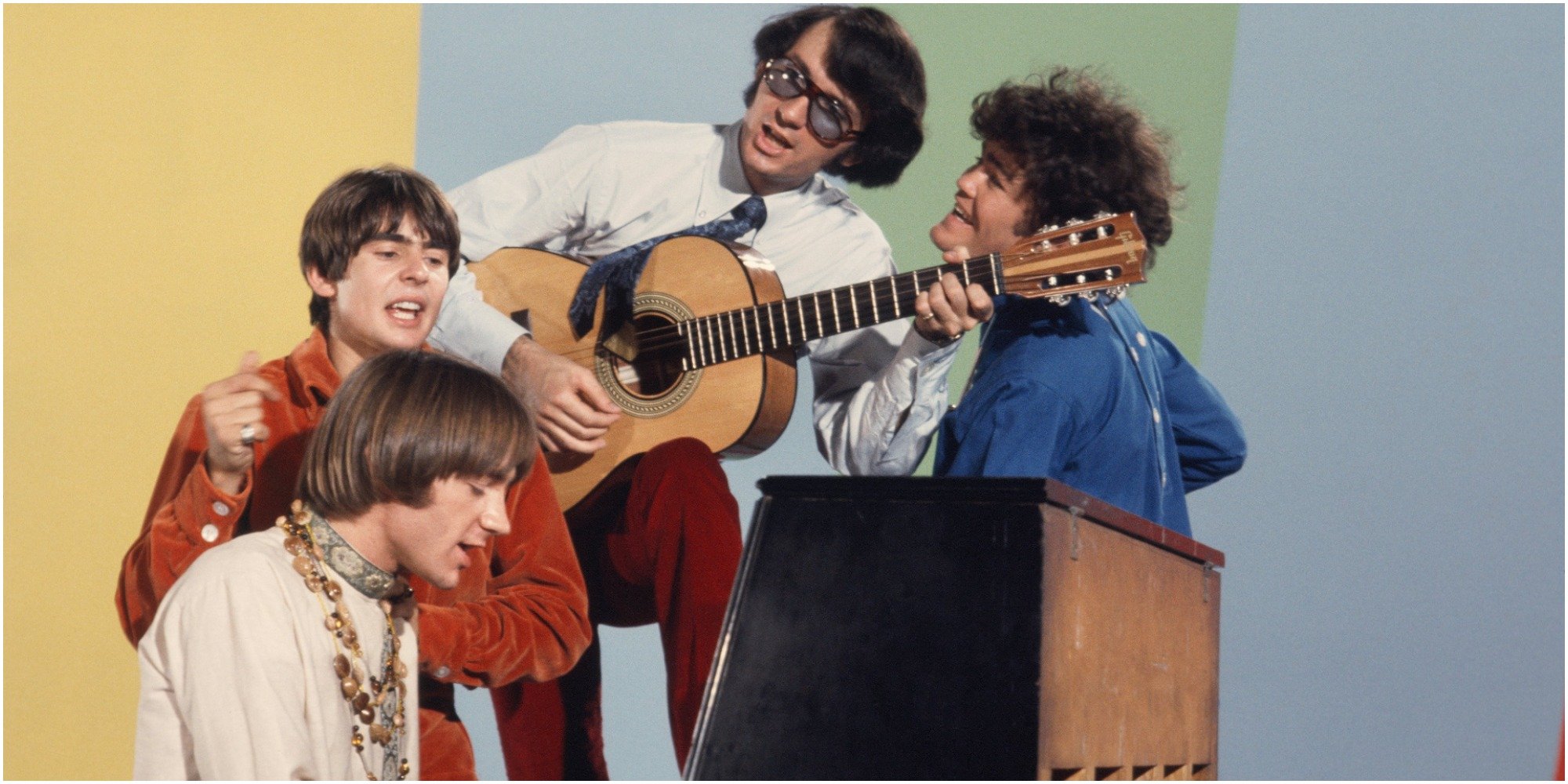 The Monkees pose for a publicity photo on the set of The Monkees televisoin show.