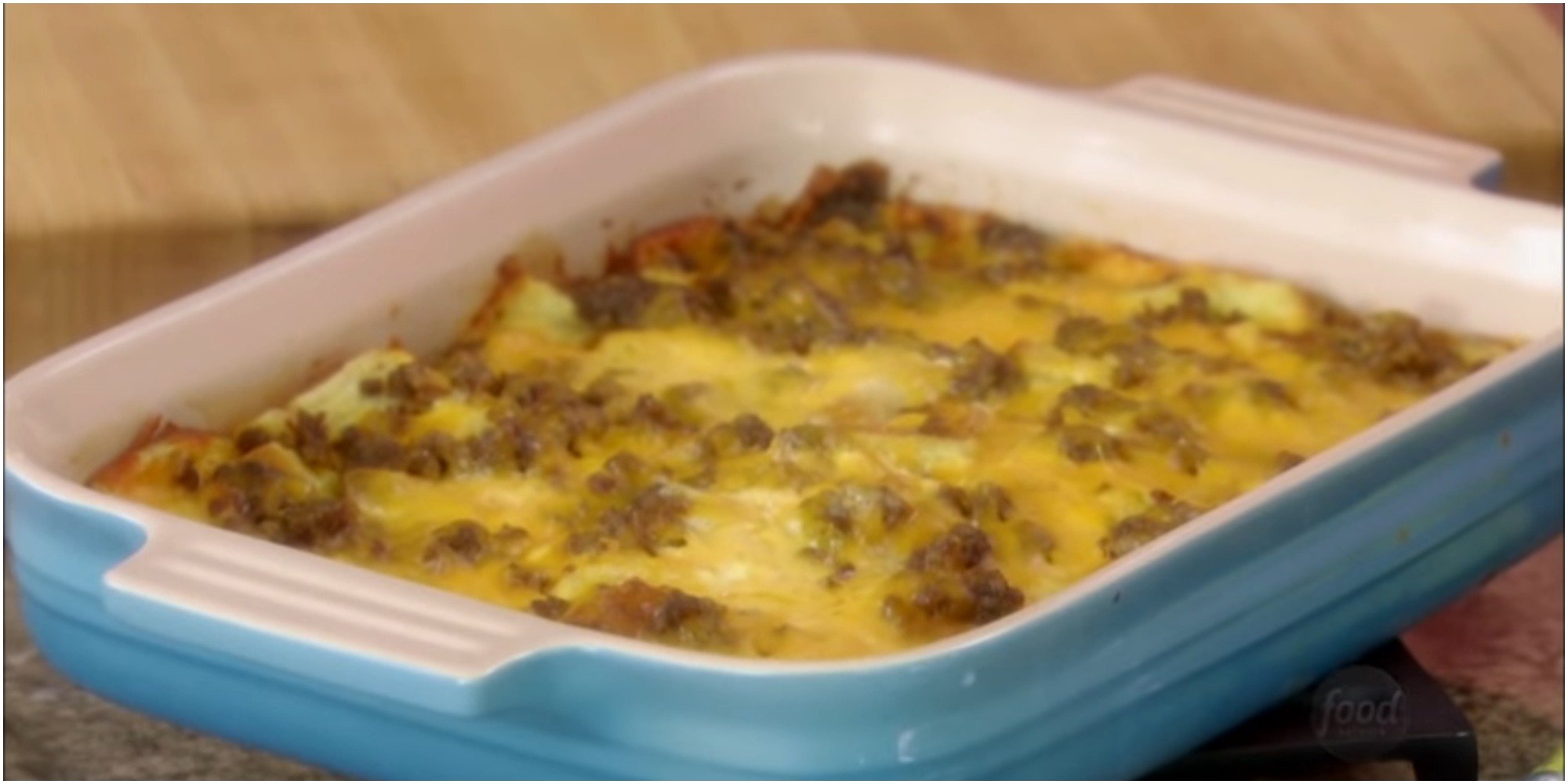 A screenshot of Trisha Yearwood's Breakfast Sausage Casserole from YouTube.