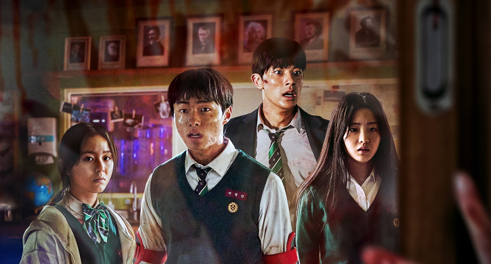 'All of Us Are Dead' main character K-drama poster by director Lee wearing school uniforms