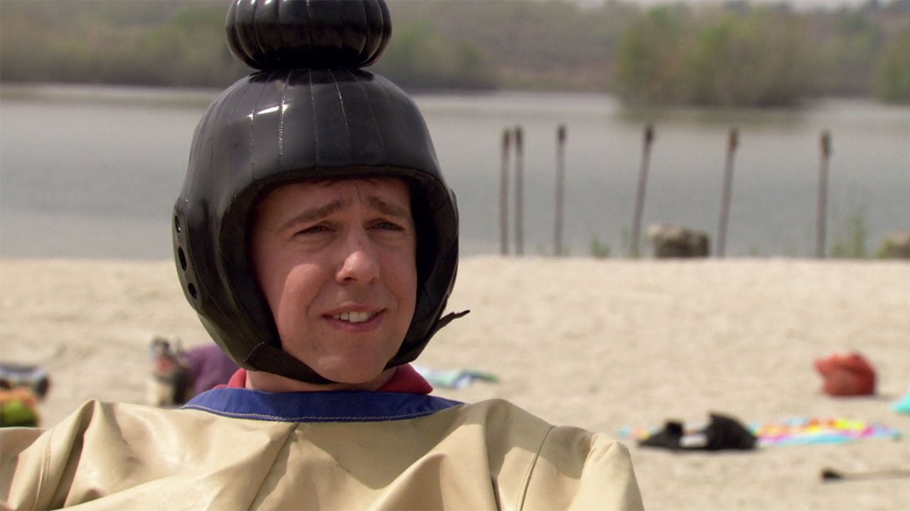 Ed Helms as Andy Bernard in a sumo wrestler costume in the 'Beach Games' episode of 'The Office'
