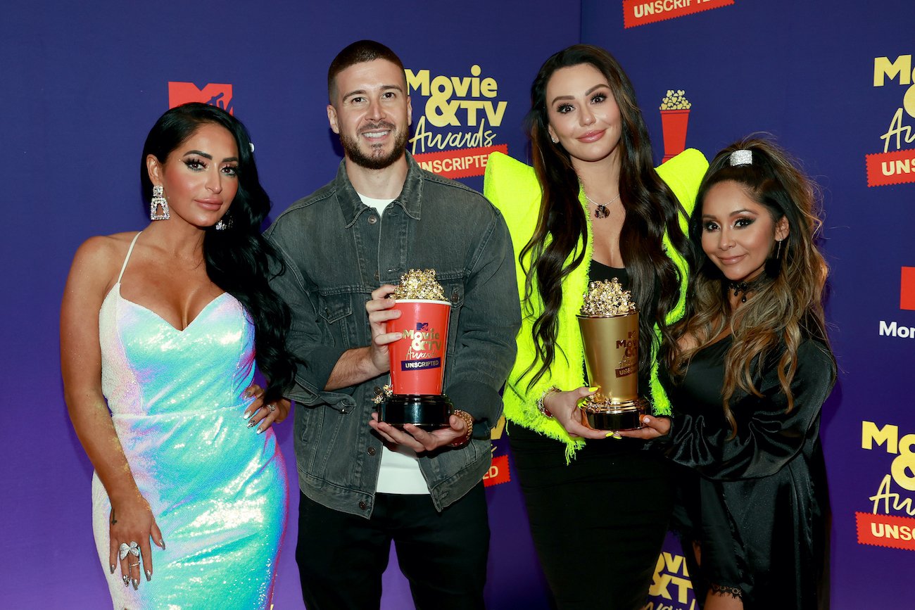 Angelina Larangeira, Vinny Guadagnino, Jenni 'JWoww' Farley, and Nicole 'Snooki' Polizzi representing 'Jersey Shore: Family Vacation' at the 2021 MTV Movie and TV Awards