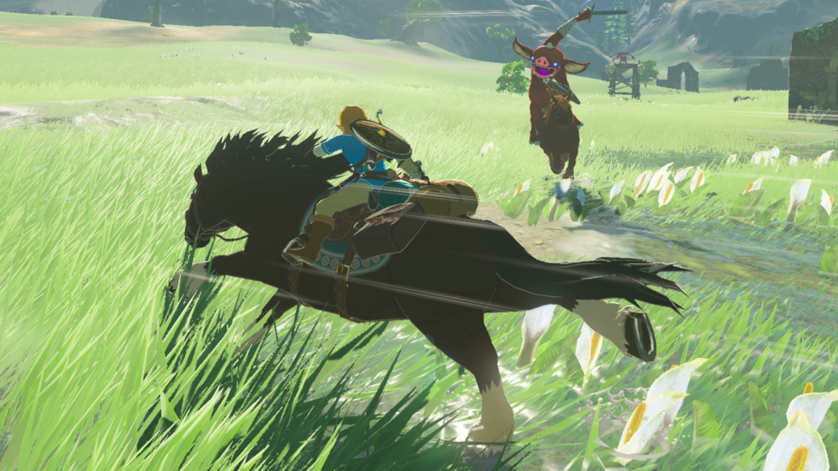 Link fighting a Bokoblin on a 'BOTW' horse in 'The Legend of Zelda: Breath of the Wild'