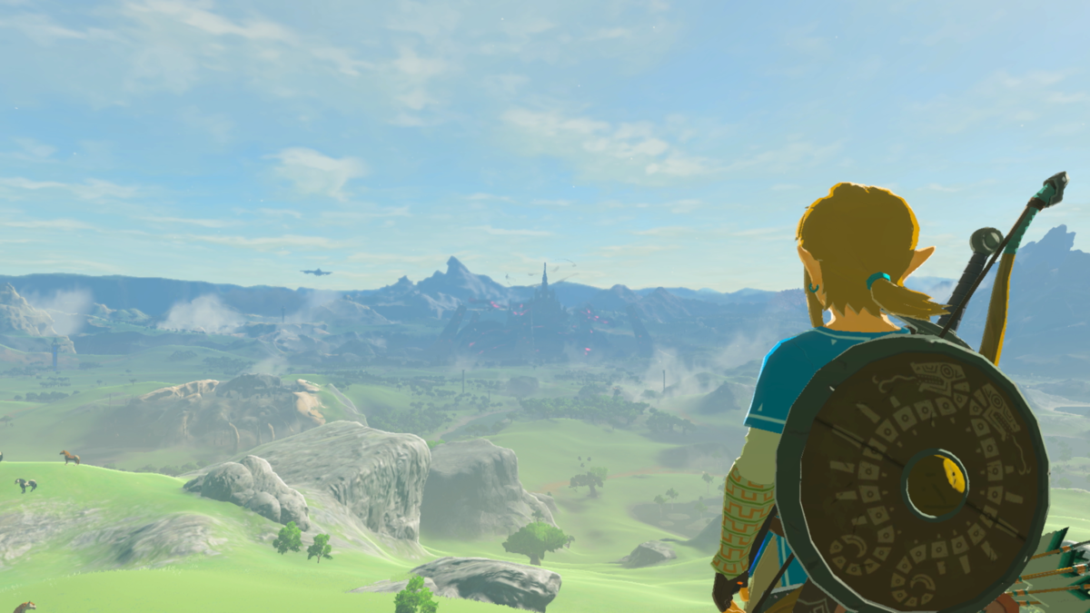 Link with the Traveler's Shield in 'The Legend of Zelda; Breath of the Wild,' where Link can obtain the 'BOTW" Impossible Arrow'