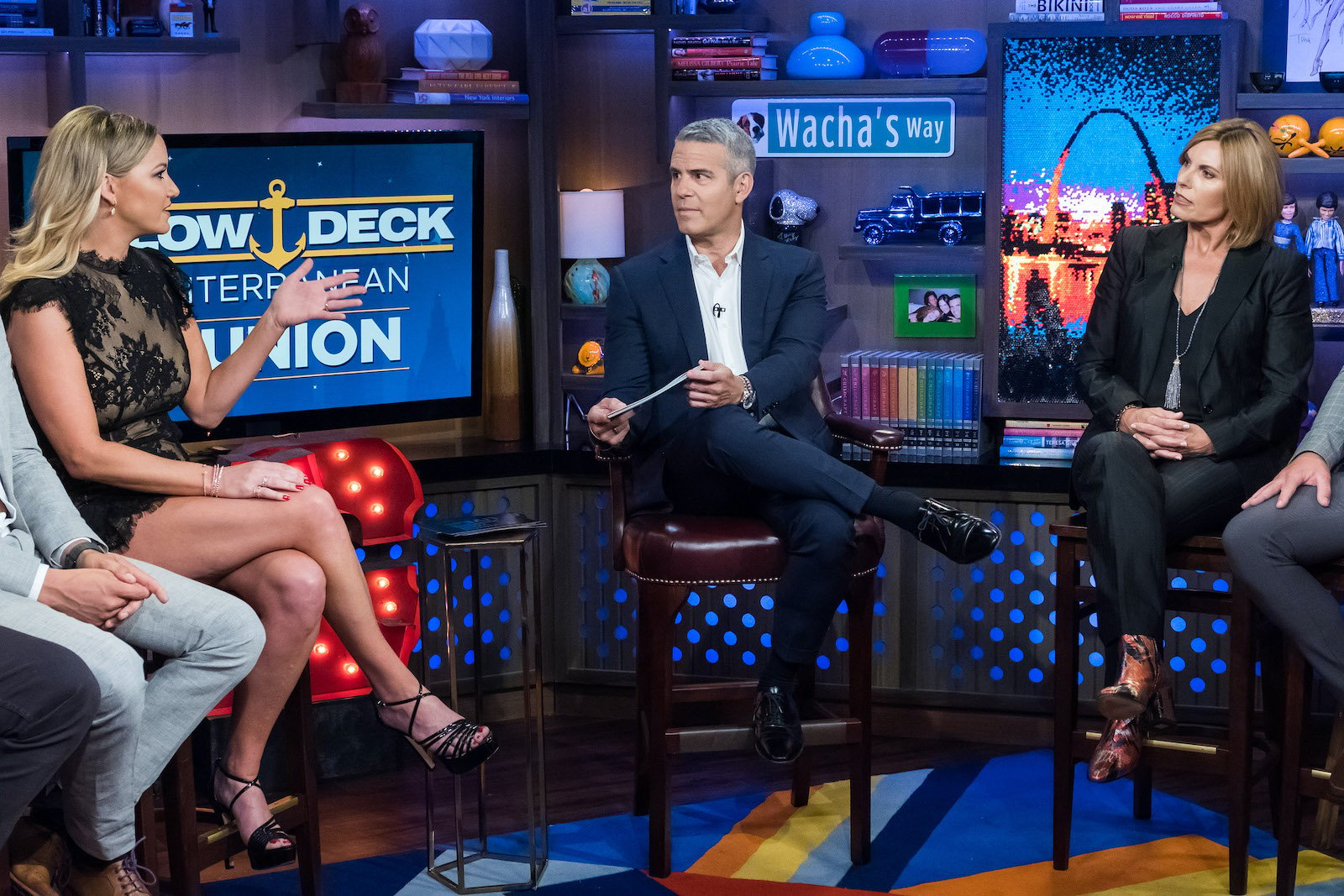 Hannah Ferrier discusses and issue with Captain Sandy Yawn during the Below Deck Med reunion in the WWHL Clubhouse