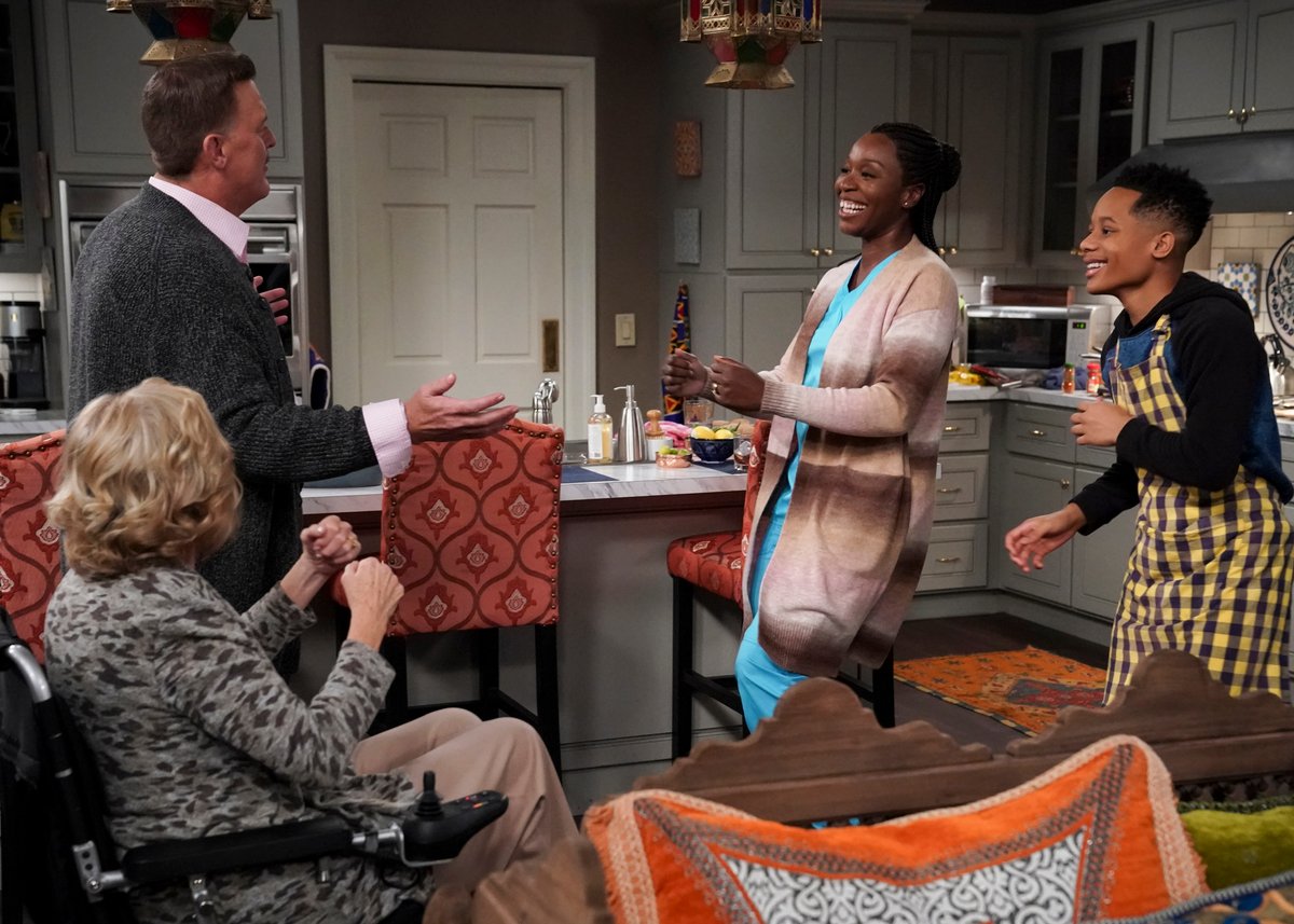 Billy Gardell, Folake Olowofoyeku, and Travis Wolfe, Jr. as Bob, Abishola, and Dele in 'Bob Hearts Abishola' new episode