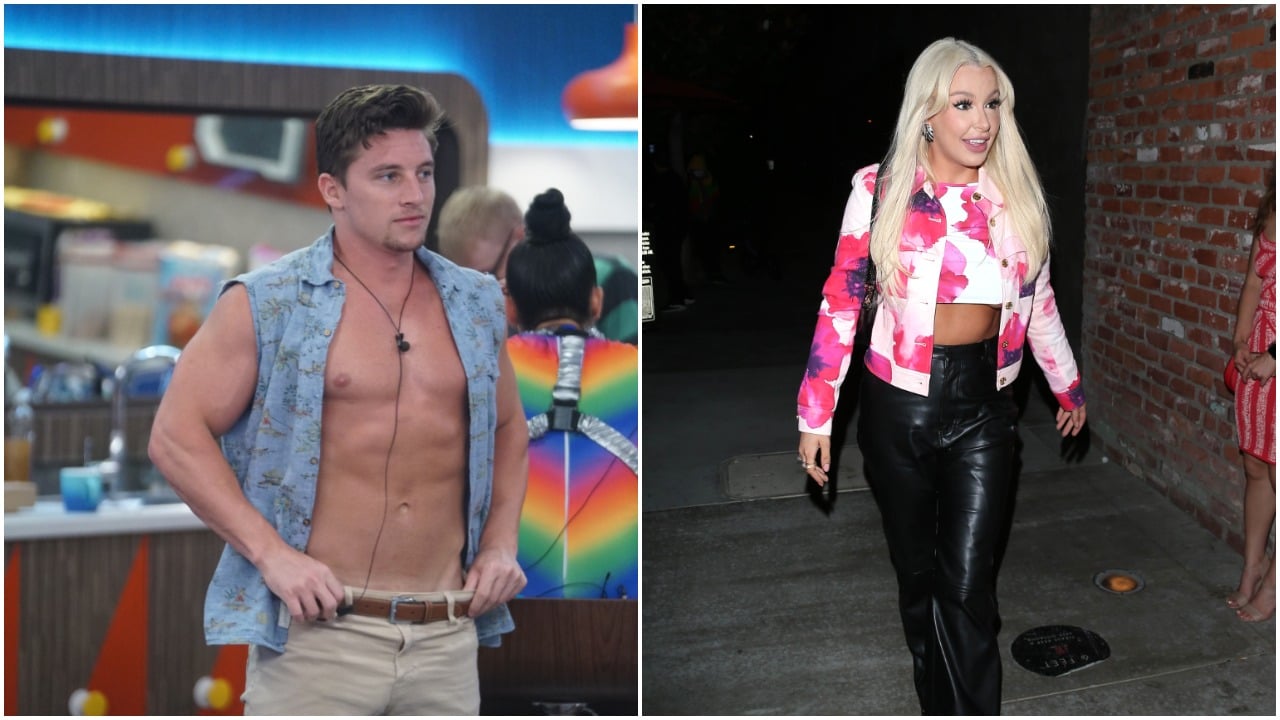 Brett Robinson standing wearing a vest that shows his chest in the 'Big Brother 20' house; Tana Mongeau smiling walking up to a restaurant