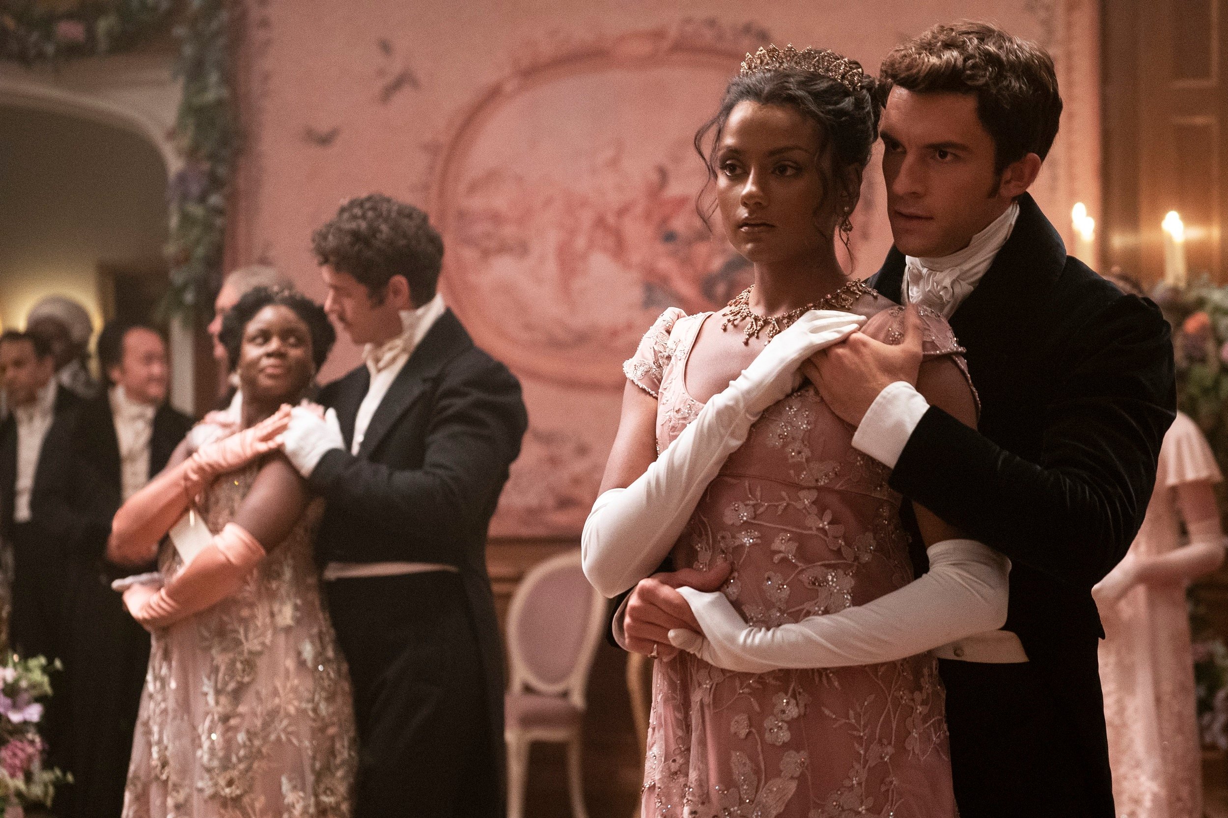 'Bridgerton' cast members Simone Ashley and Jonathan Bailey dancing together