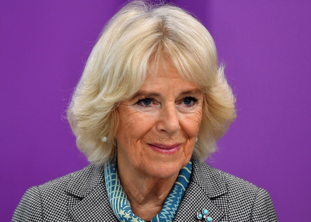 Camilla Parker Bowles looking on in front of purple background
