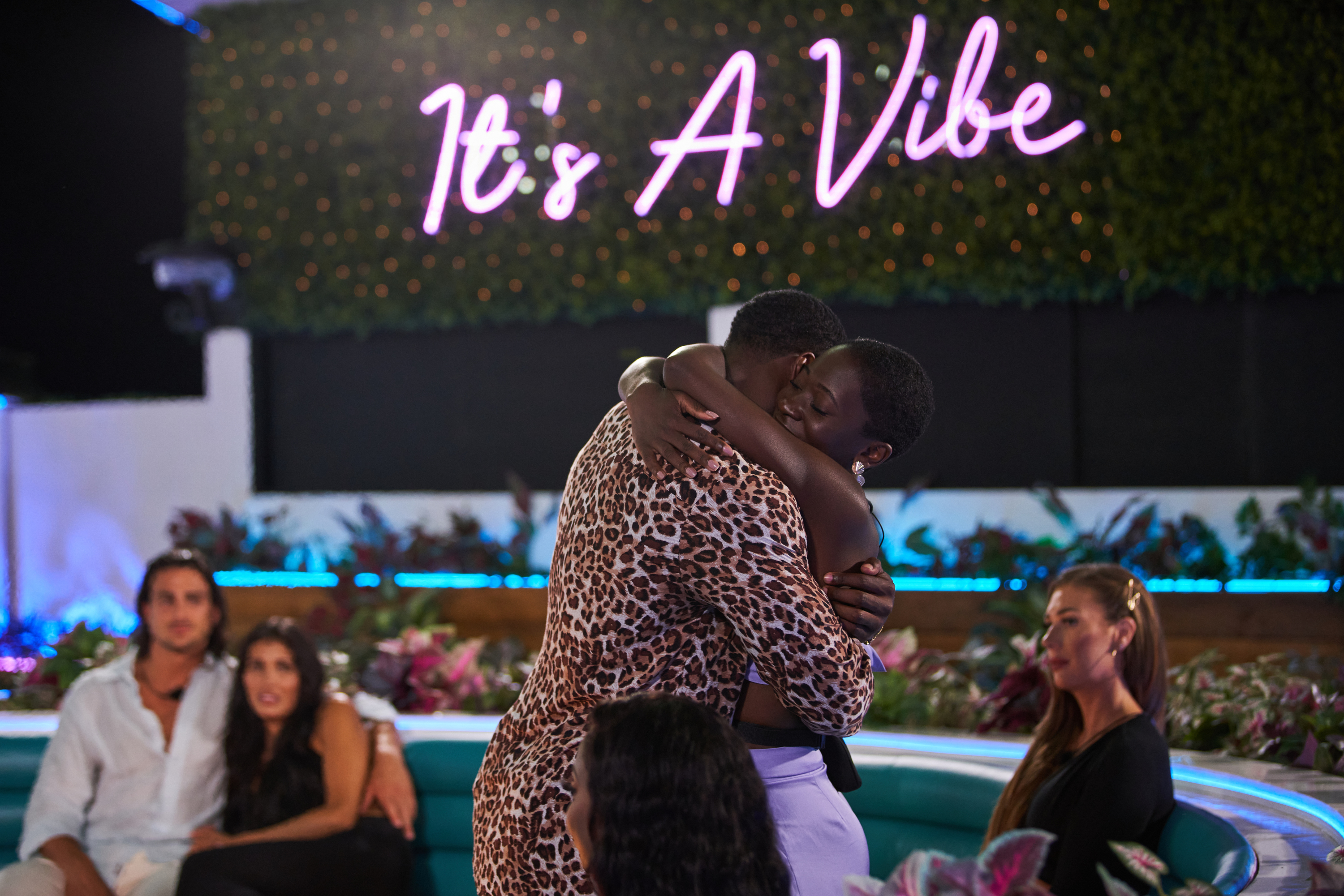 Cashay Proudfoot and Cinco Holland Jr. hugging during a 'Love Island USA' Season 3 recoupling ceremony