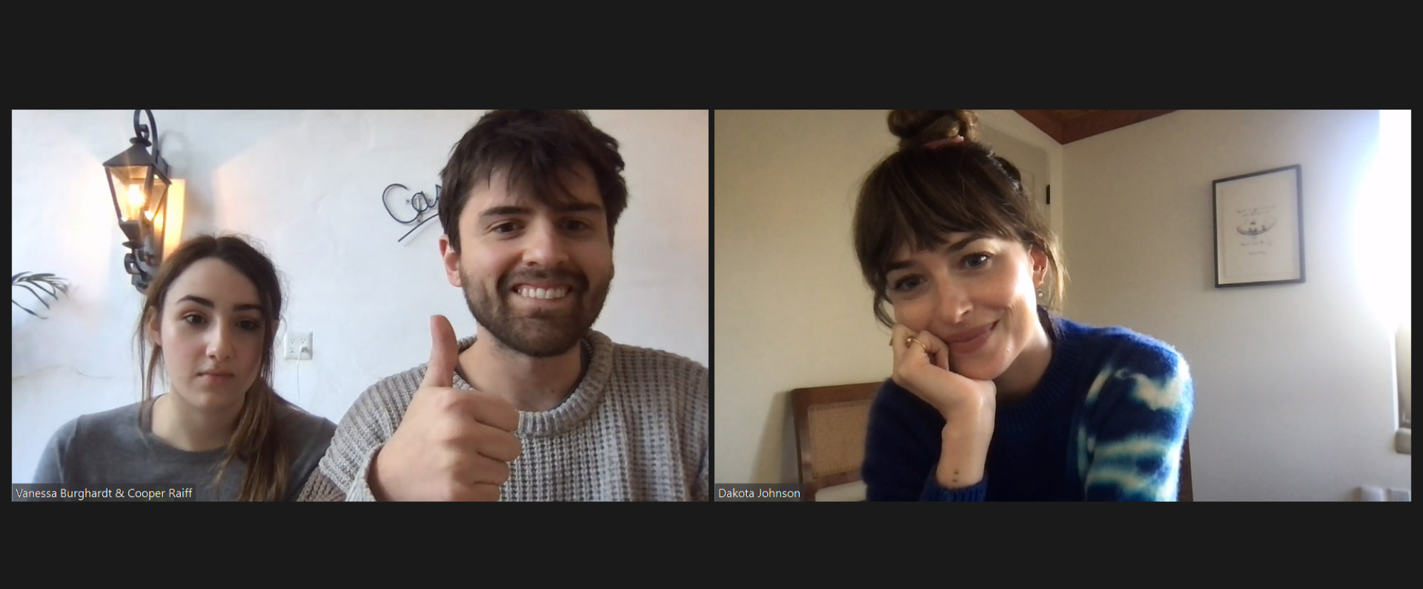 'Cha Cha Real Smooth' Vanessa Burghardt, Cooper Reiff, and Dakota Johnson holding a thumb up on a video call