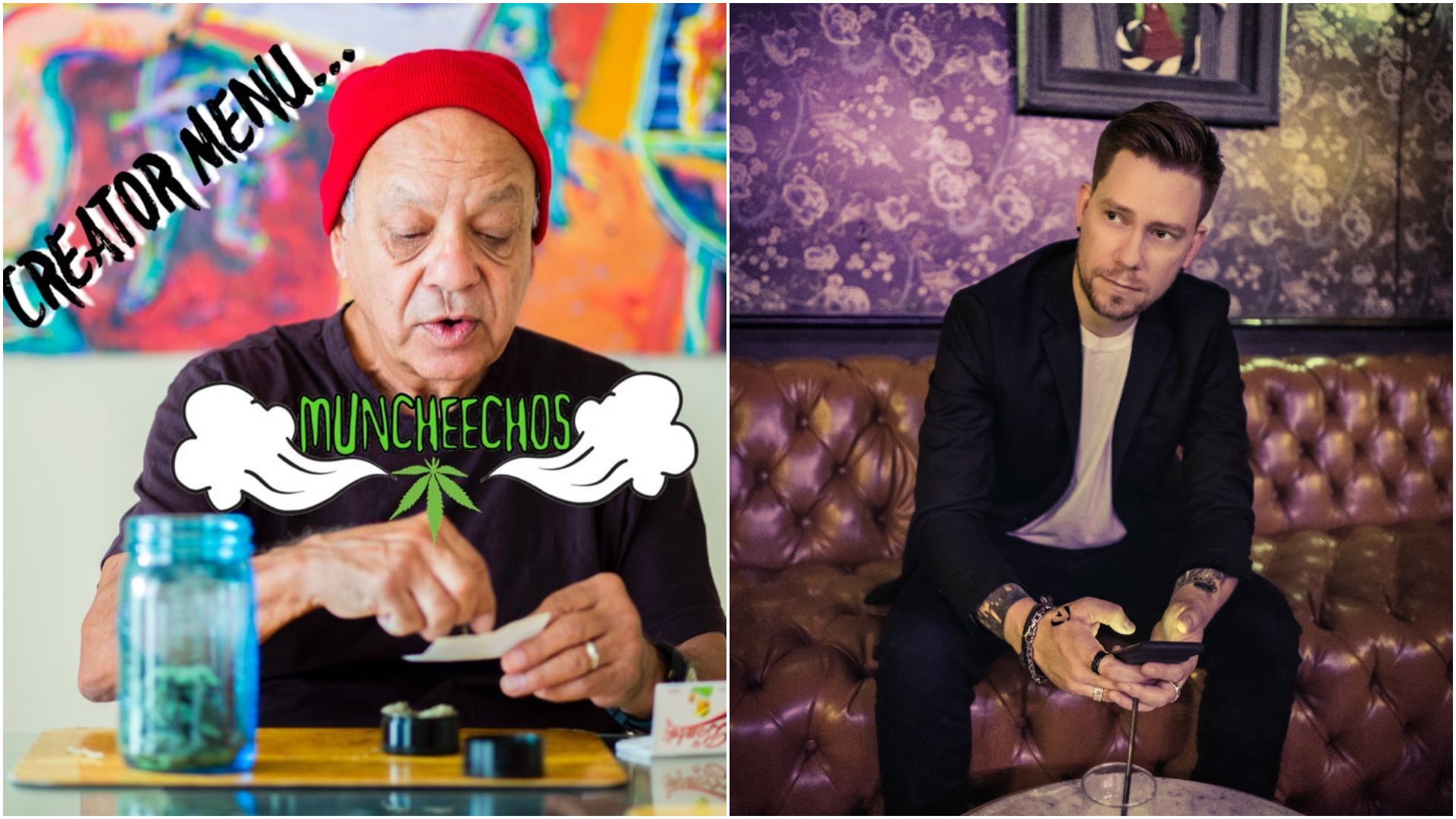Cheech Marin rolls a joint and chef Zach Neil holds his phone while sitting in a club 