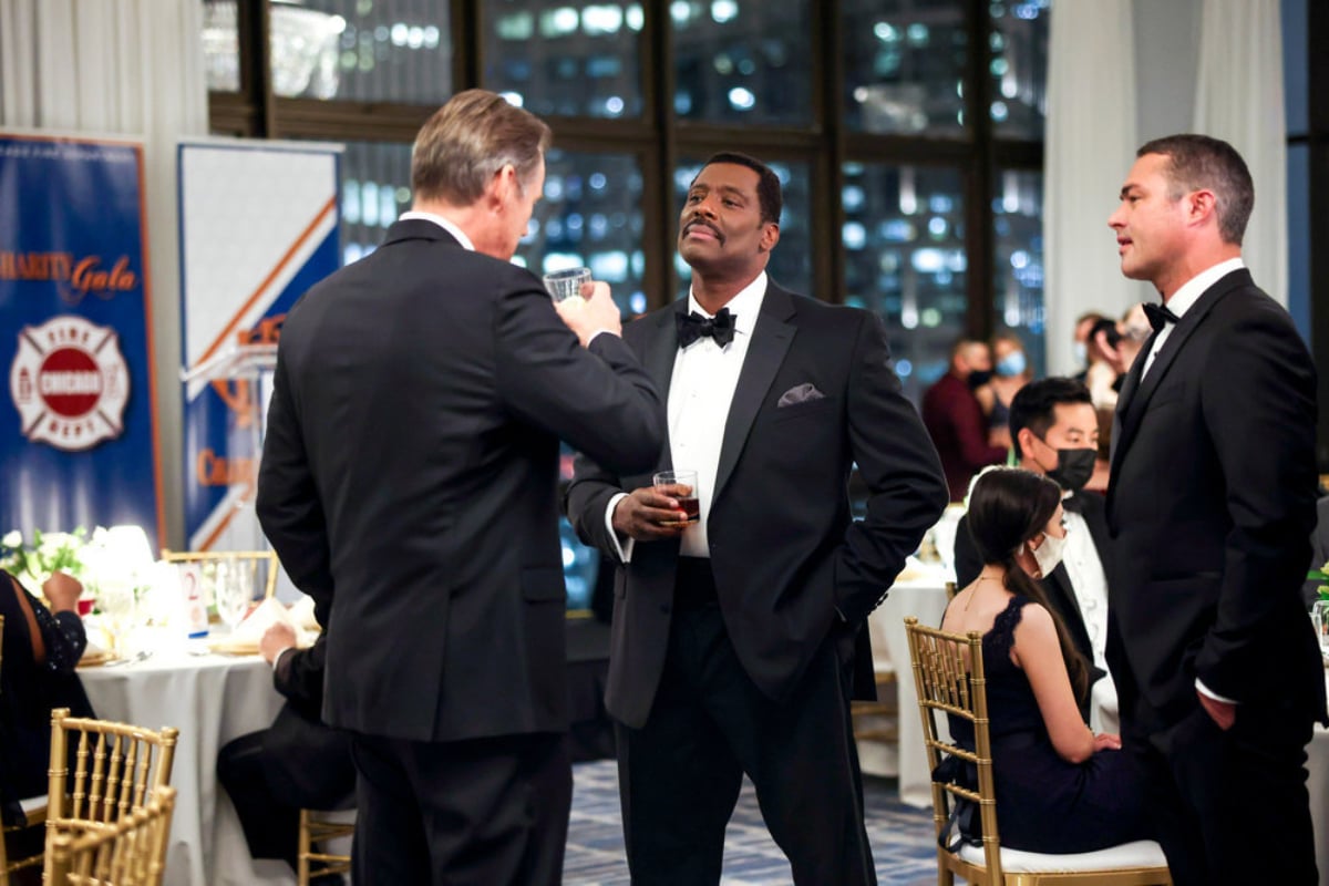 Eamonn Walker as Wallace Boden and Taylor Kinney as Kelly Severide in Chicago Fire Season 10. The men wear tuxedos at the CFD Gala.