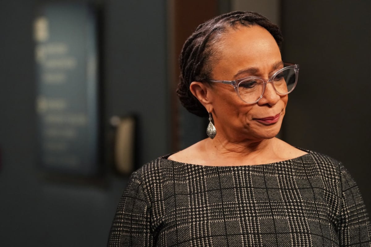 S. Epatha Merkerson as Sharon Goodwin in Chicago Med Season 7. Goodwin wears a patterned dress and looks concerned about something.