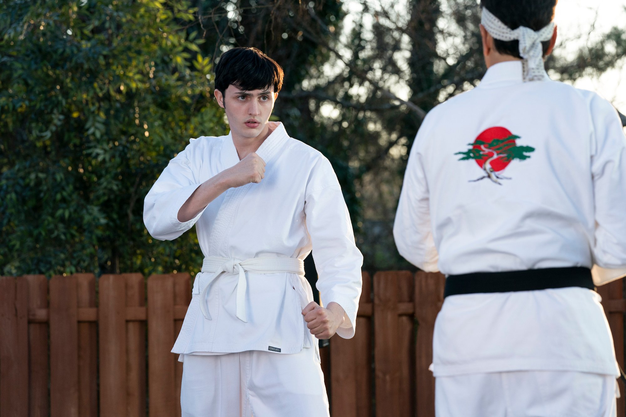 'Cobra Kai' cast member Gianni DeCenzo practices Karate in a white gi