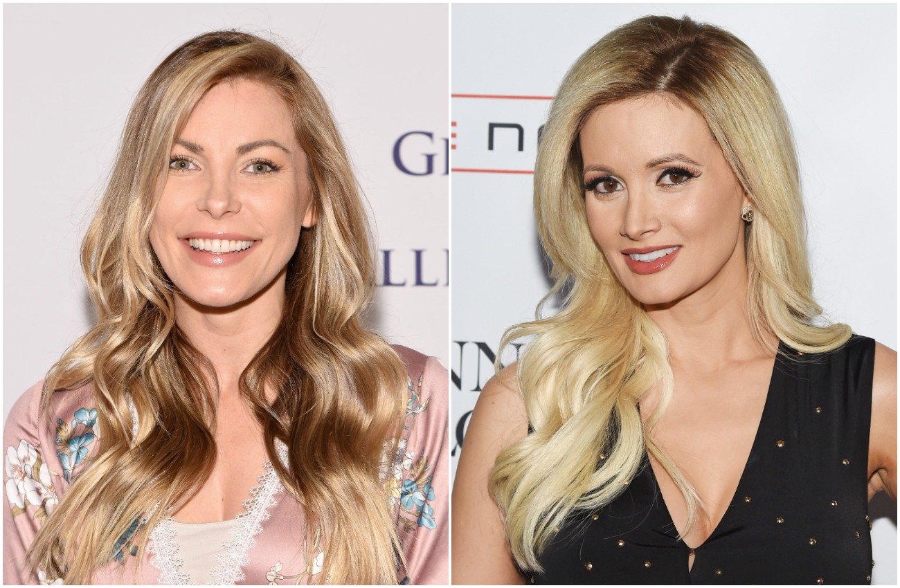 Crystal Hefner wearing a pink top and smiling, Holly Madison wearing a black top and looking on
