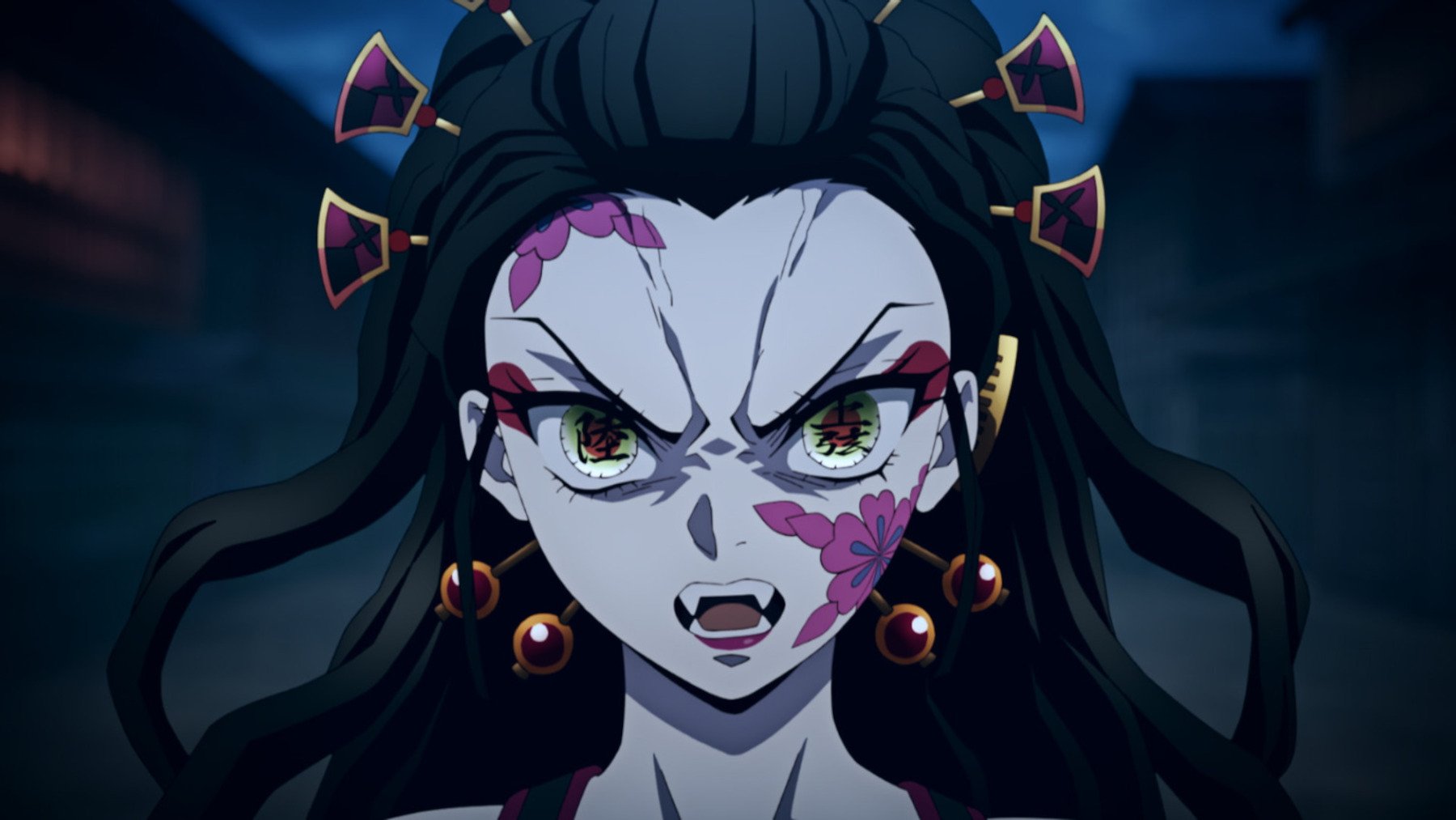 Upper Moon 6 demon Daki in 'Demon Slayer' Season 2's Entertainment District Arc. She has black hair and pink markings on her face.