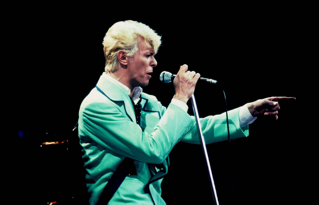 David Bowie wearing a suit while performing in Wembley, London, 1983. 