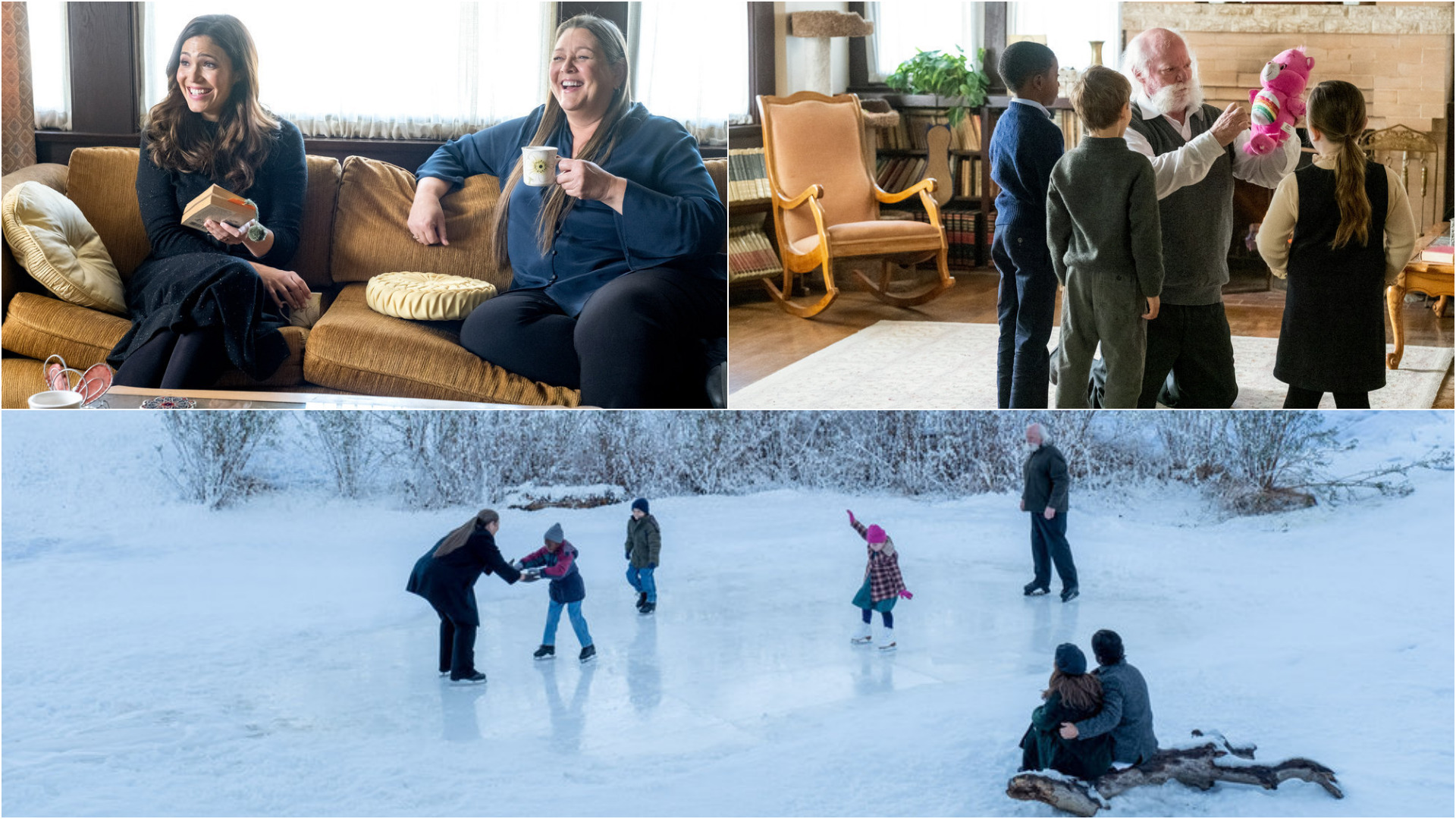 Collage of photos from ‘This Is Us’ Season 6 Episode 4 with Camryn Manheim as Debby, Isabella Rose Landau as Kate, Ca’Ron Jaden Coleman as Randall, Kaz Womack as Kevin, Jim Cody Williams as Mike, Milo Ventimiglia as Jack, Mandy Moore as Rebecca