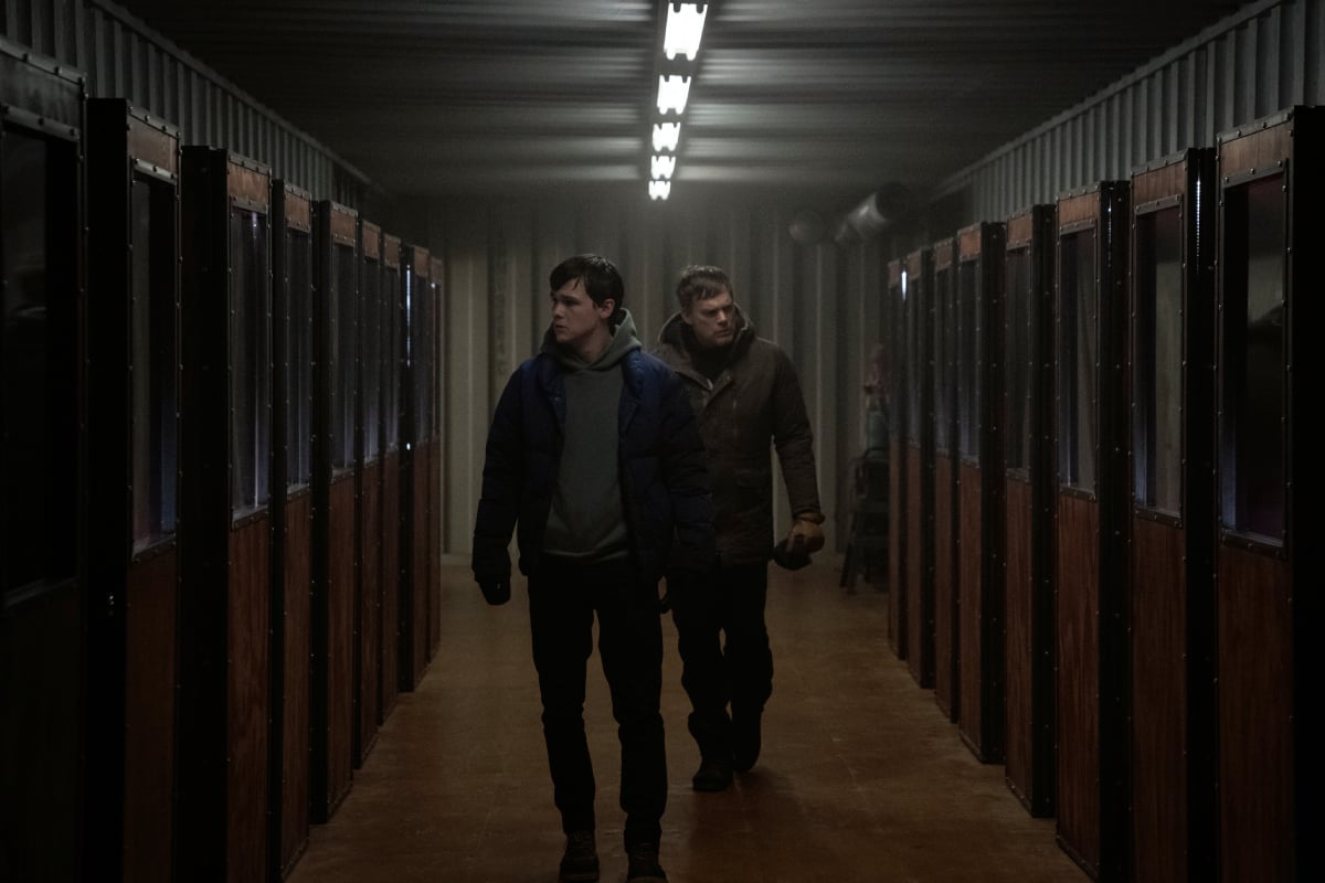 Jack Alcott as Harrison and Michael C. Hall as Dexter in Dexter: New Blood Episode 9. Dexter and Harrison walk through the halls of Kurt's trophy room.